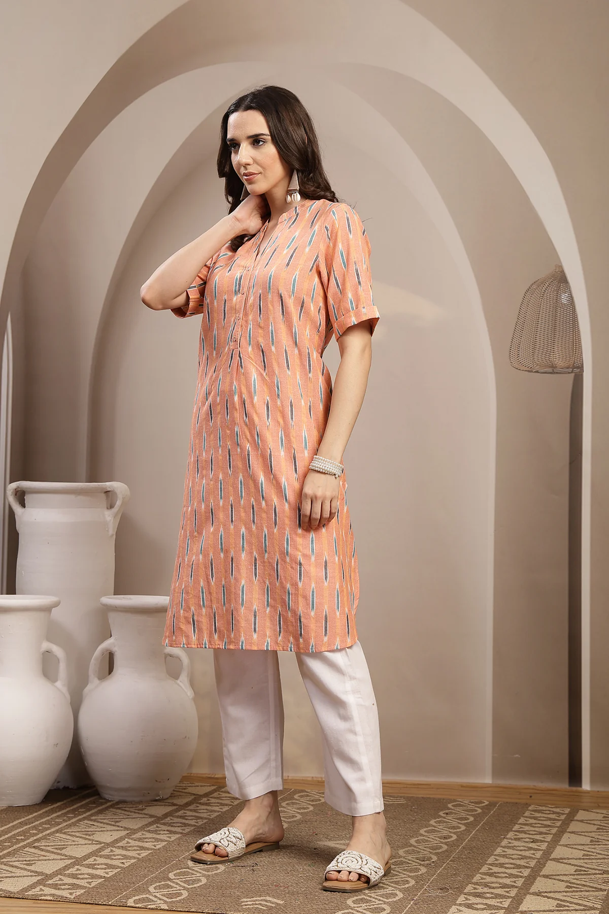 Ikat Zipless Maternity Kurta - Peach - Image 7