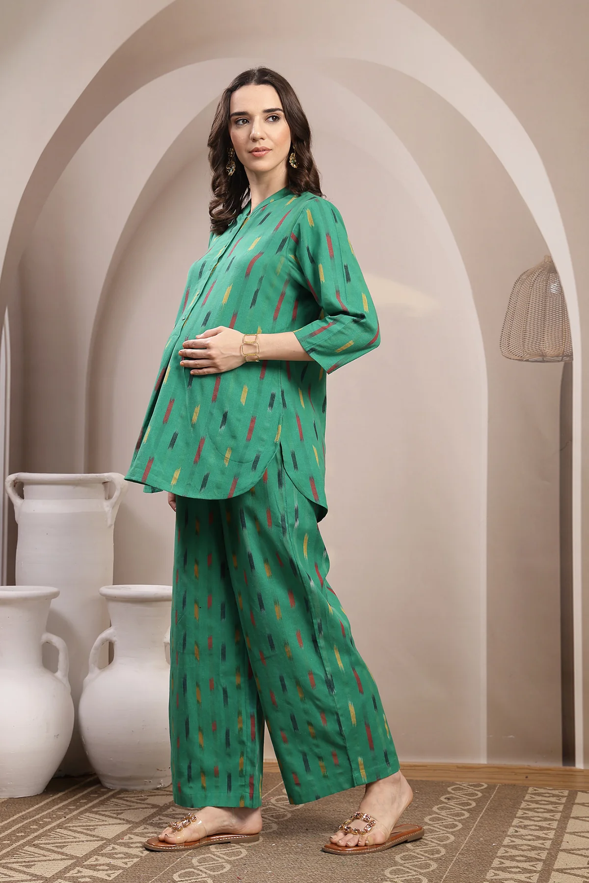 Ikat Zipless Maternity Kurta Set - Green - Image 5