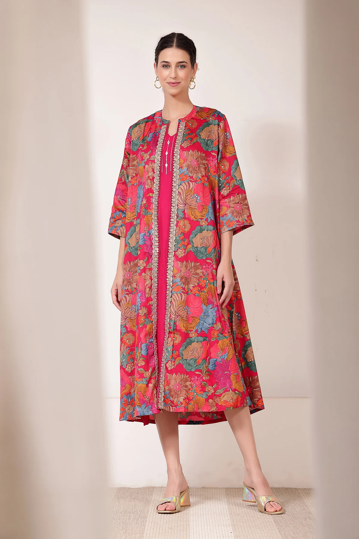 Laila – The Jewel-Tone Feeding Jacket Dress Set - Bright Magenta - Image 3