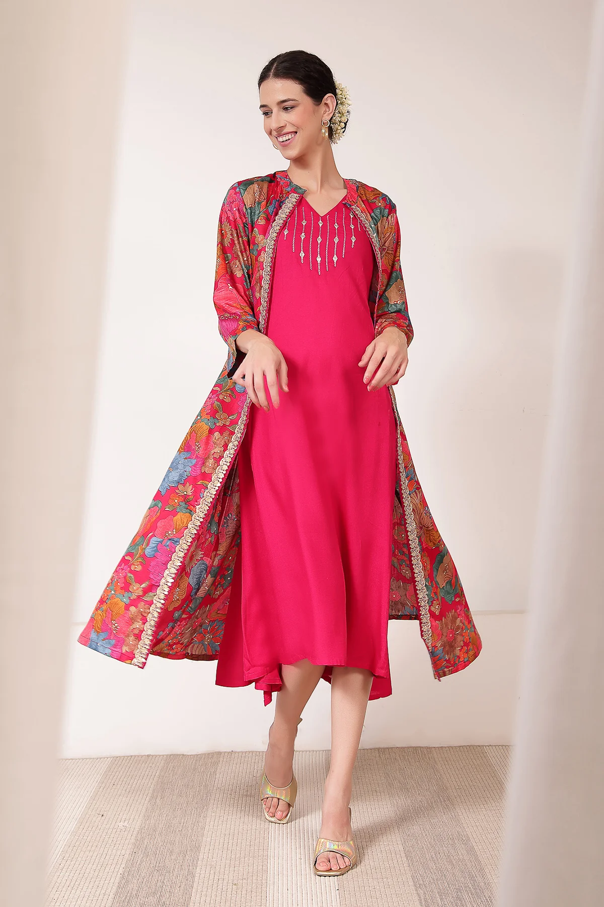 Laila – The Jewel-Tone Feeding Jacket Dress Set - Bright Magenta - Image 6