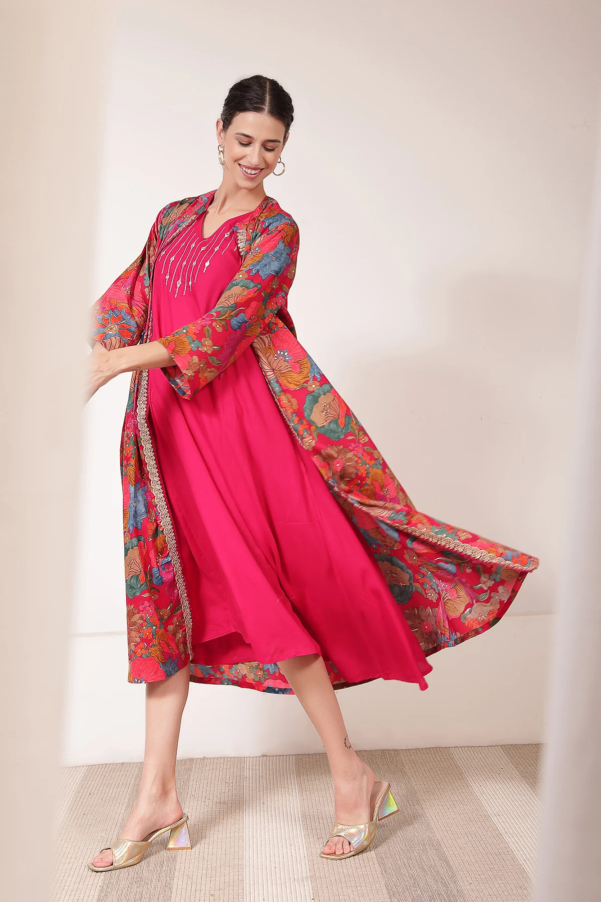 Laila – The Jewel-Tone Feeding Jacket Dress Set - Bright Magenta - Image 7