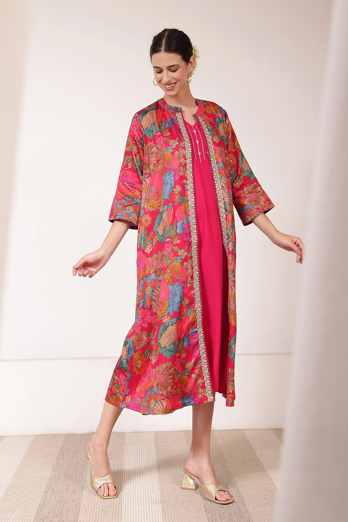Laila – The Jewel-Tone Feeding Jacket Dress Set - Bright Magenta - Image 9