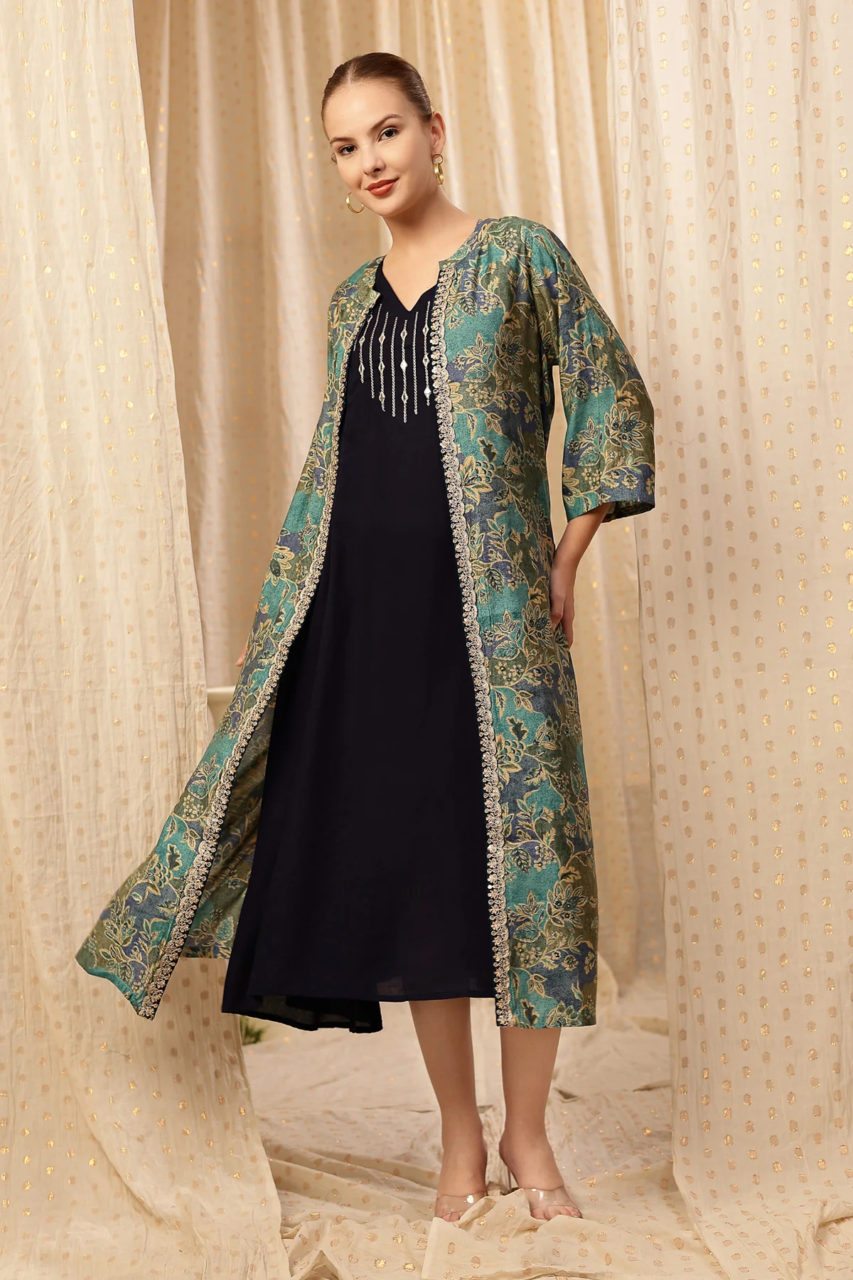Laila – The Jewel-Tone Feeding Jacket Dress Set - Deep Navy - Image 10