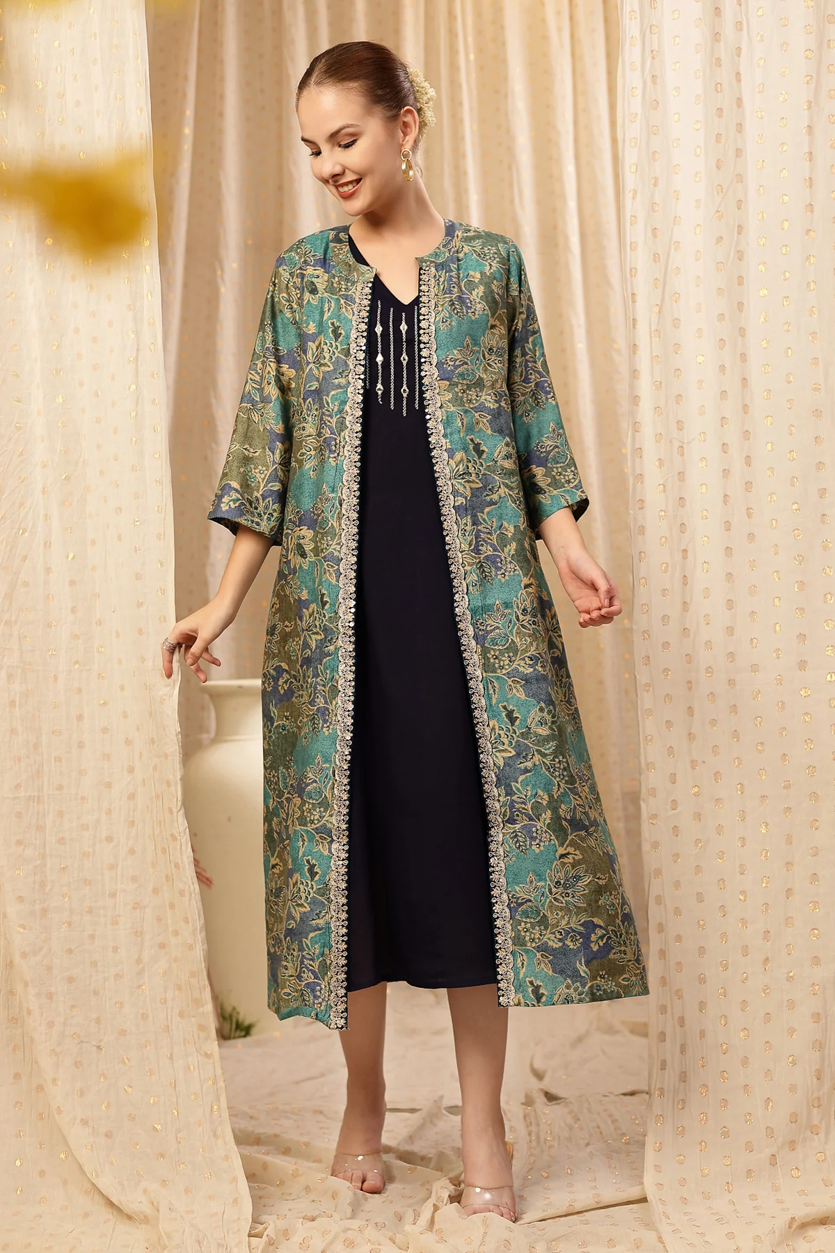 Laila – The Jewel-Tone Feeding Jacket Dress Set - Deep Navy - Image 12