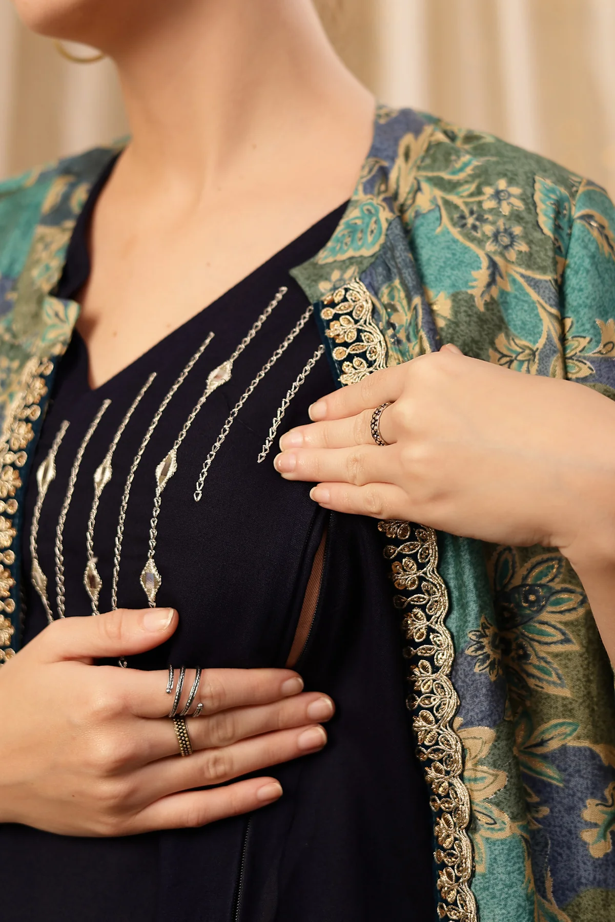 Laila – The Jewel-Tone Feeding Jacket Dress Set - Deep Navy - Image 3