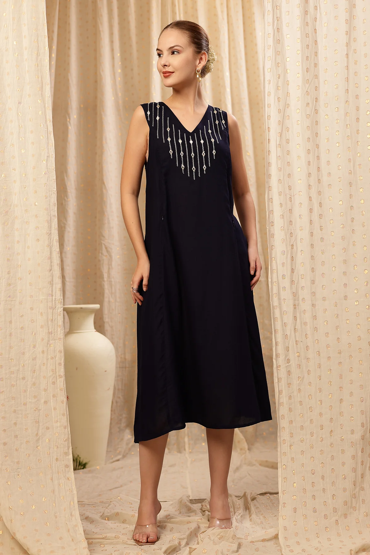 Laila – The Jewel-Tone Feeding Jacket Dress Set - Deep Navy - Image 5