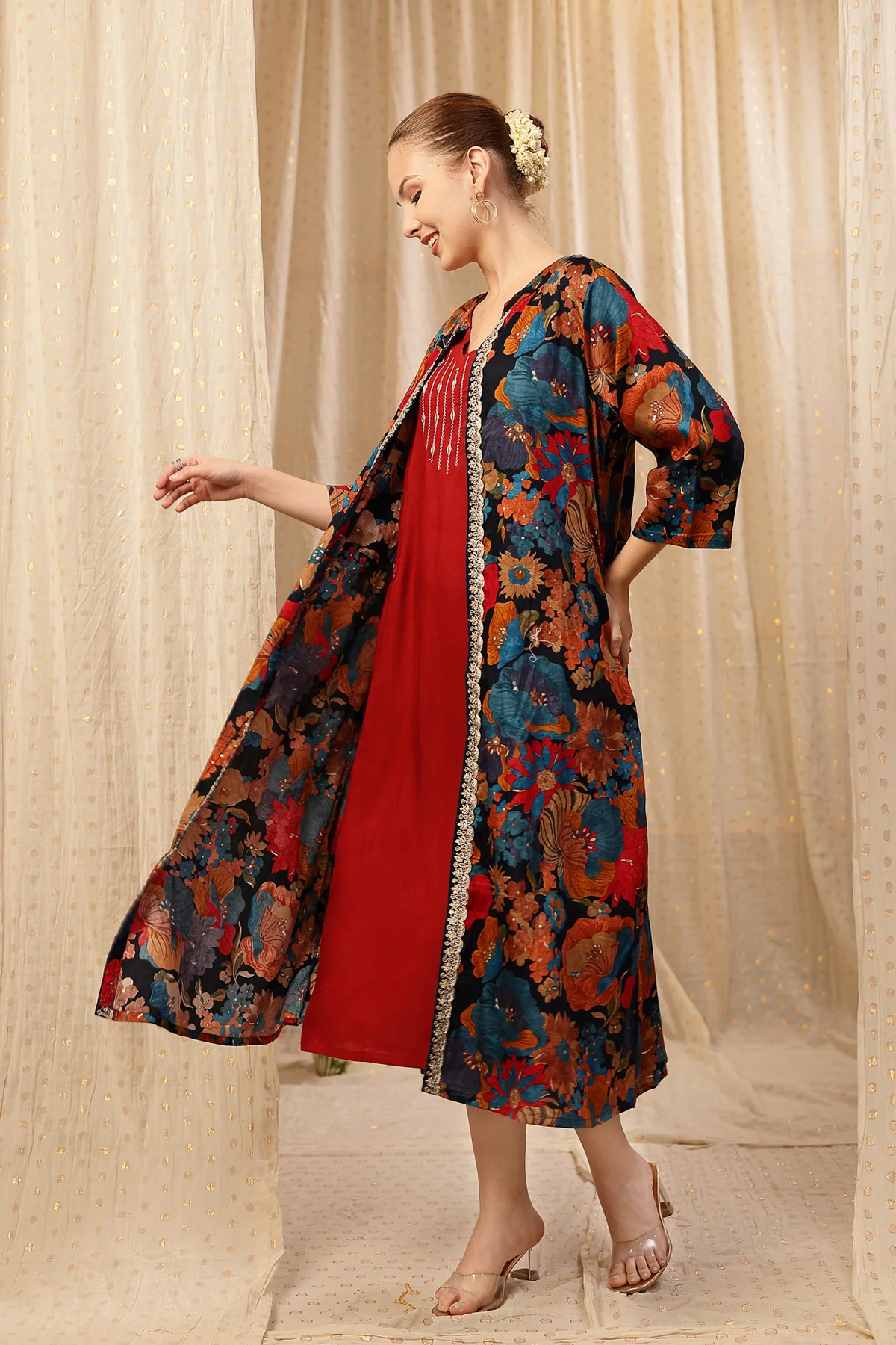Laila – The Jewel-Tone Feeding Jacket Dress Set - Deep Red - Image 10