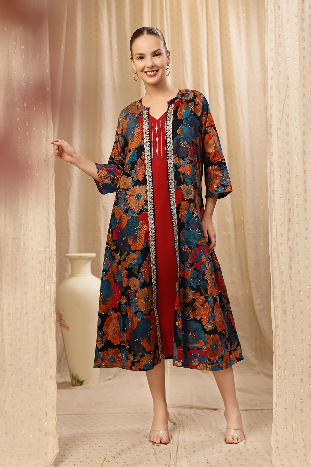 Laila – The Jewel-Tone Feeding Jacket Dress Set - Deep Red - Image 11