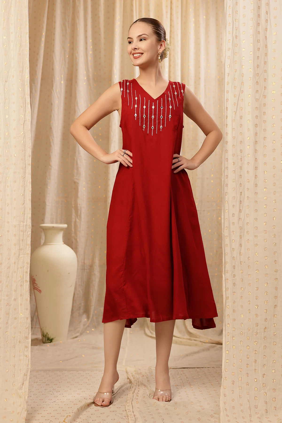 Laila – The Jewel-Tone Feeding Jacket Dress Set - Deep Red - Image 4