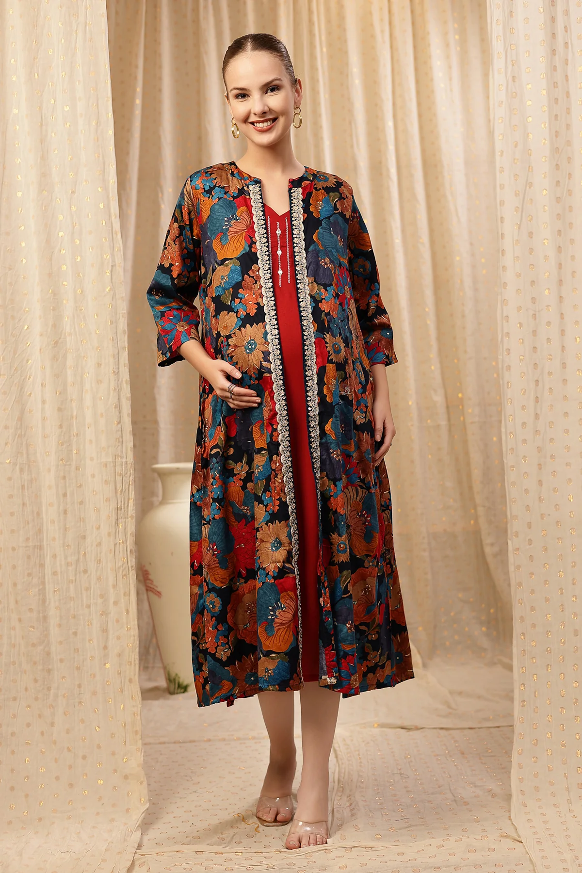 Laila – The Jewel-Tone Feeding Jacket Dress Set - Deep Red - Image 5