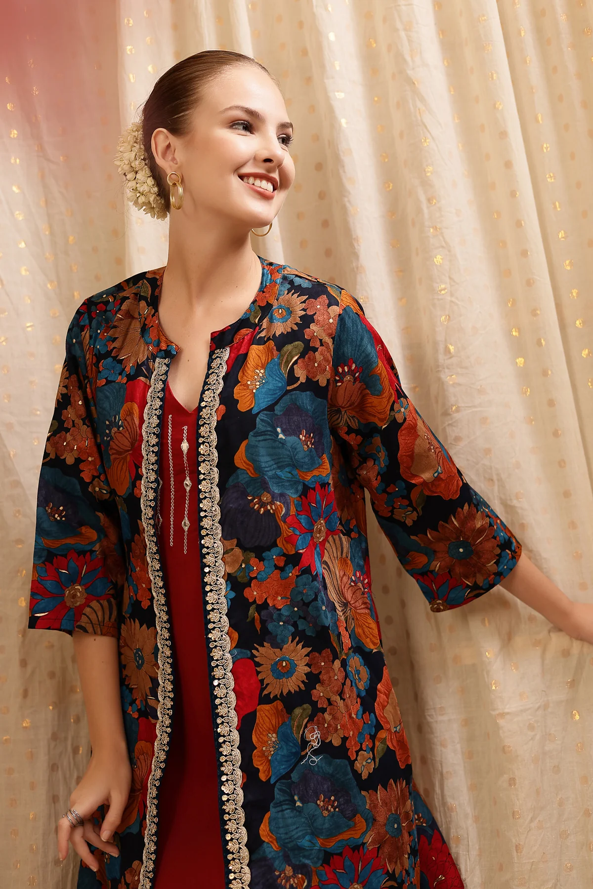 Laila – The Jewel-Tone Feeding Jacket Dress Set - Deep Red - Image 6