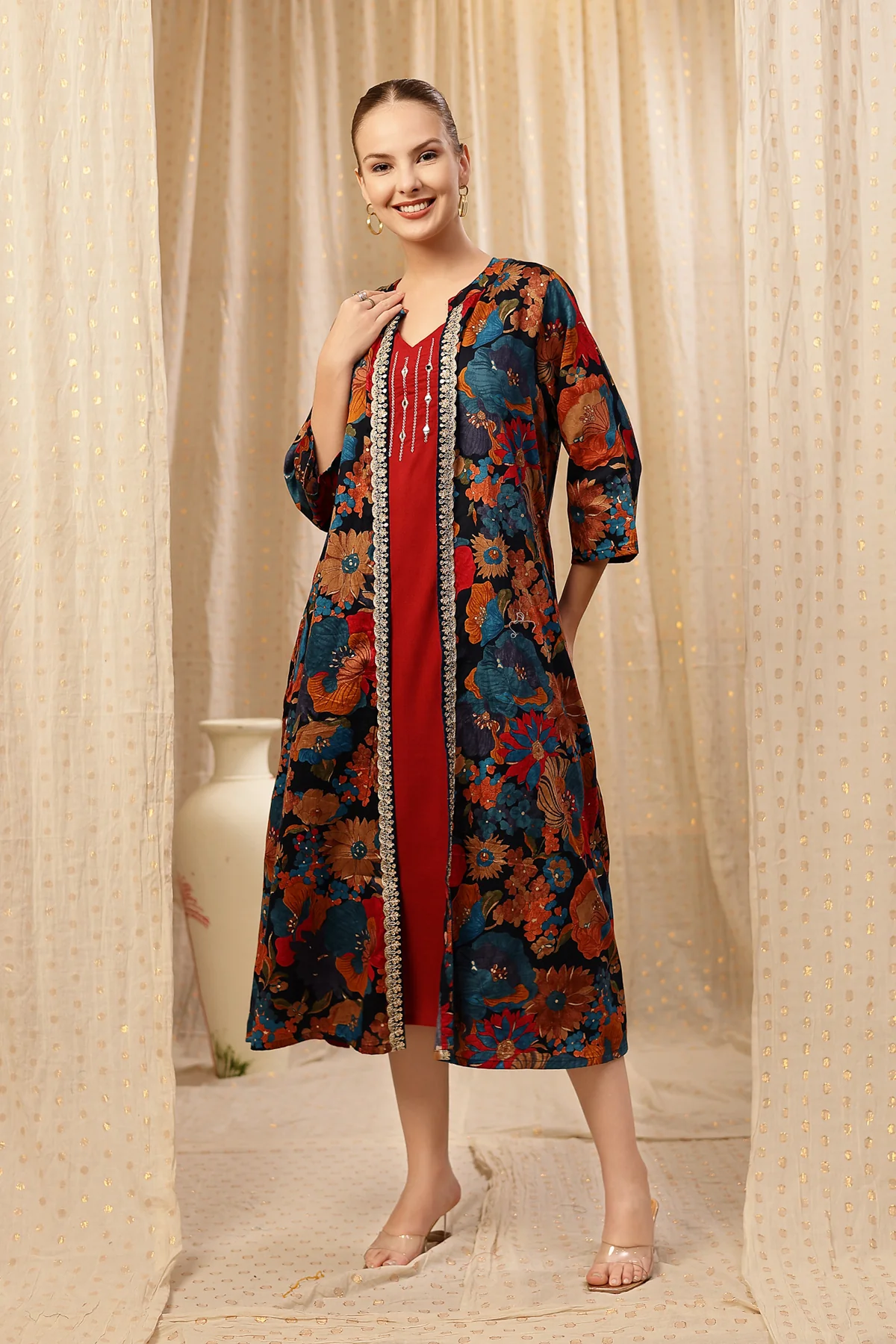 Laila – The Jewel-Tone Feeding Jacket Dress Set - Deep Red - Image 7