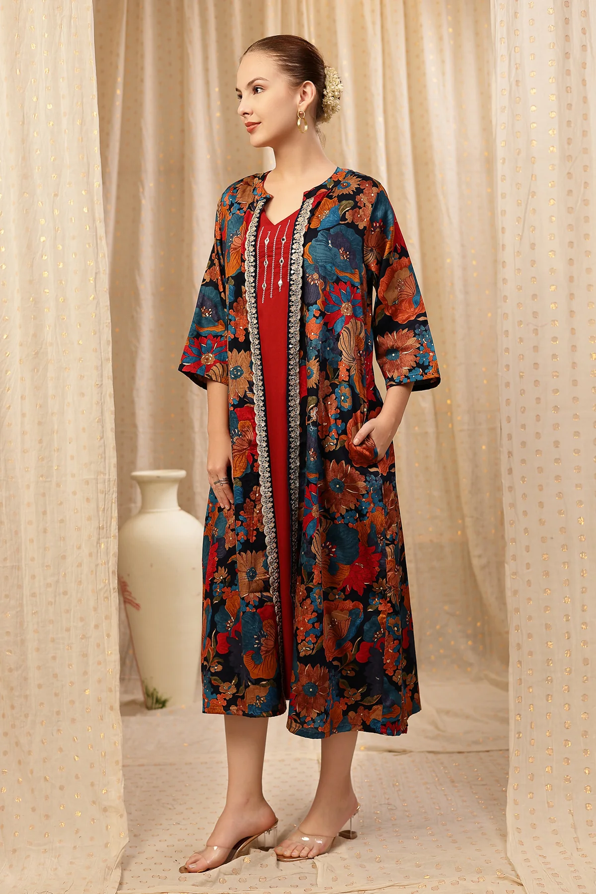 Laila – The Jewel-Tone Feeding Jacket Dress Set - Deep Red - Image 8