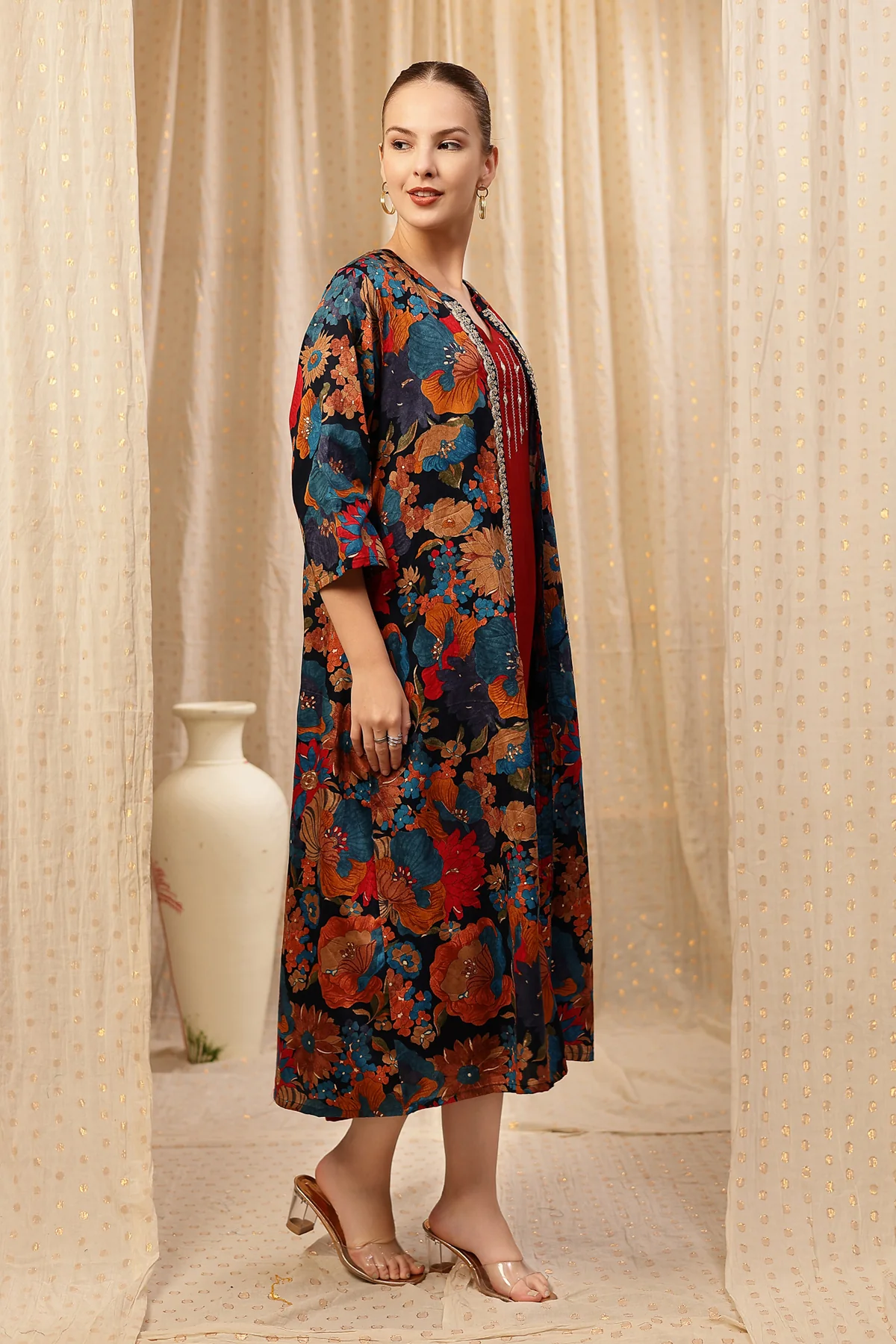 Laila – The Jewel-Tone Feeding Jacket Dress Set - Deep Red - Image 9