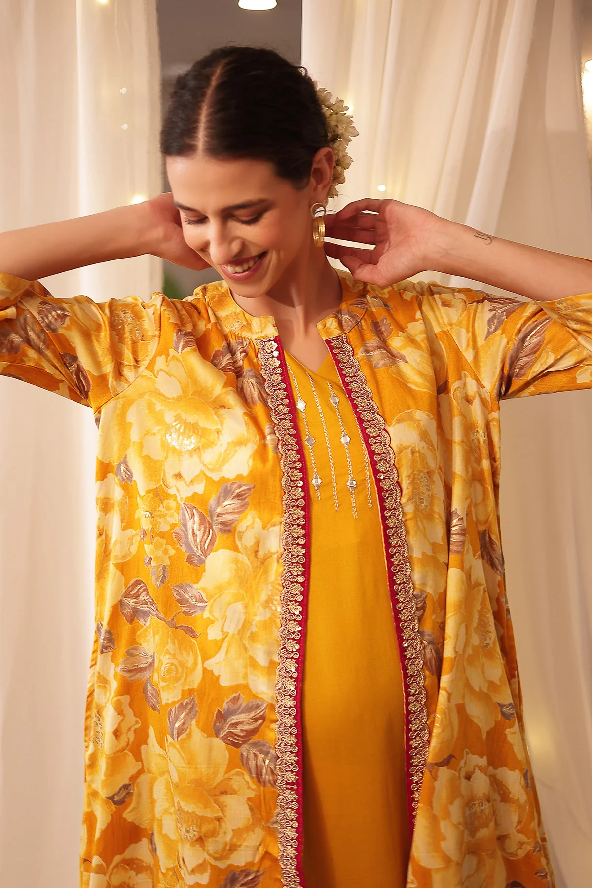 Laila – The Jewel-Tone Feeding Jacket Dress Set - Mustard Yellow - Image 4