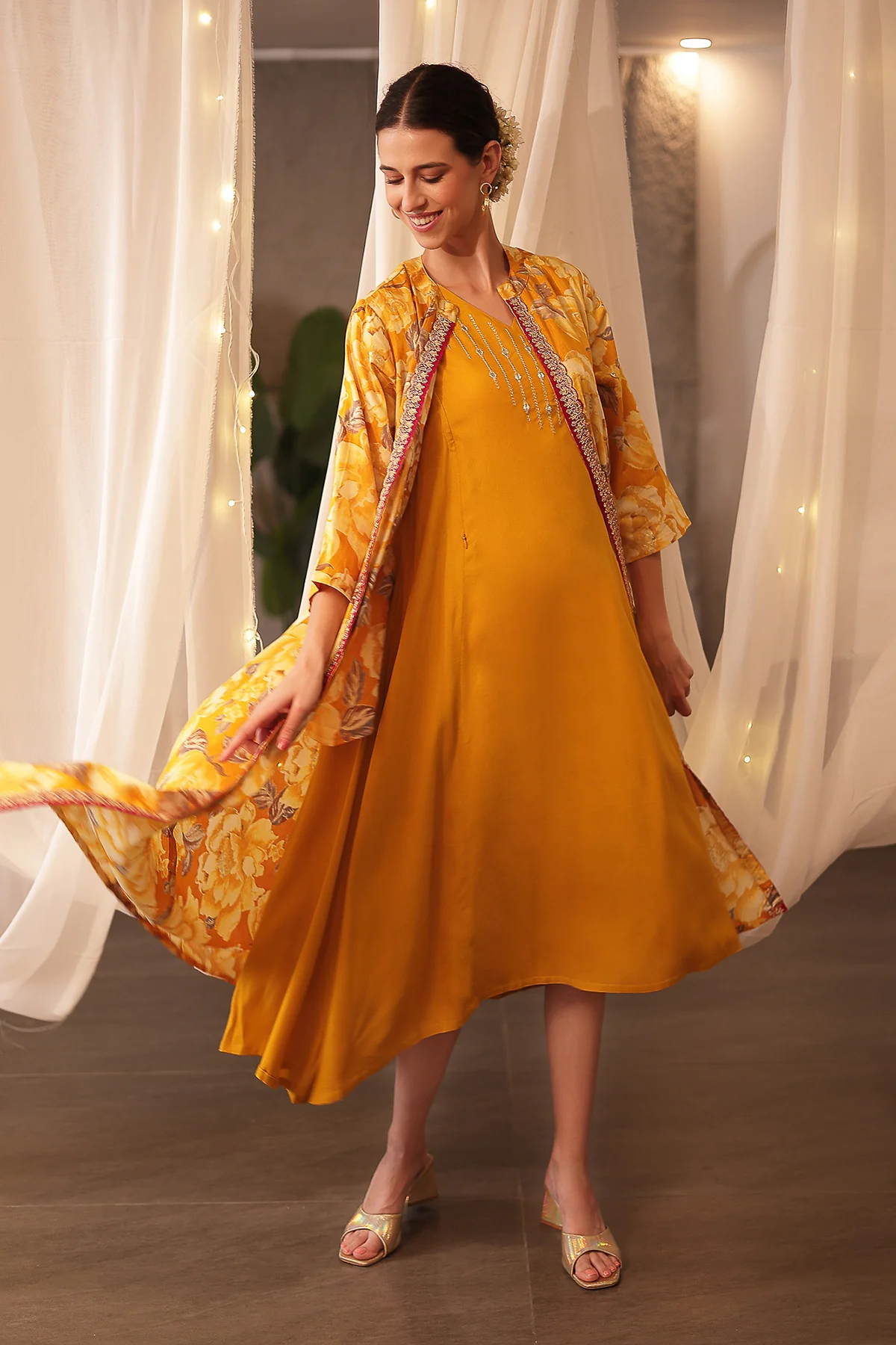 Laila – The Jewel-Tone Feeding Jacket Dress Set - Mustard Yellow - Image 5