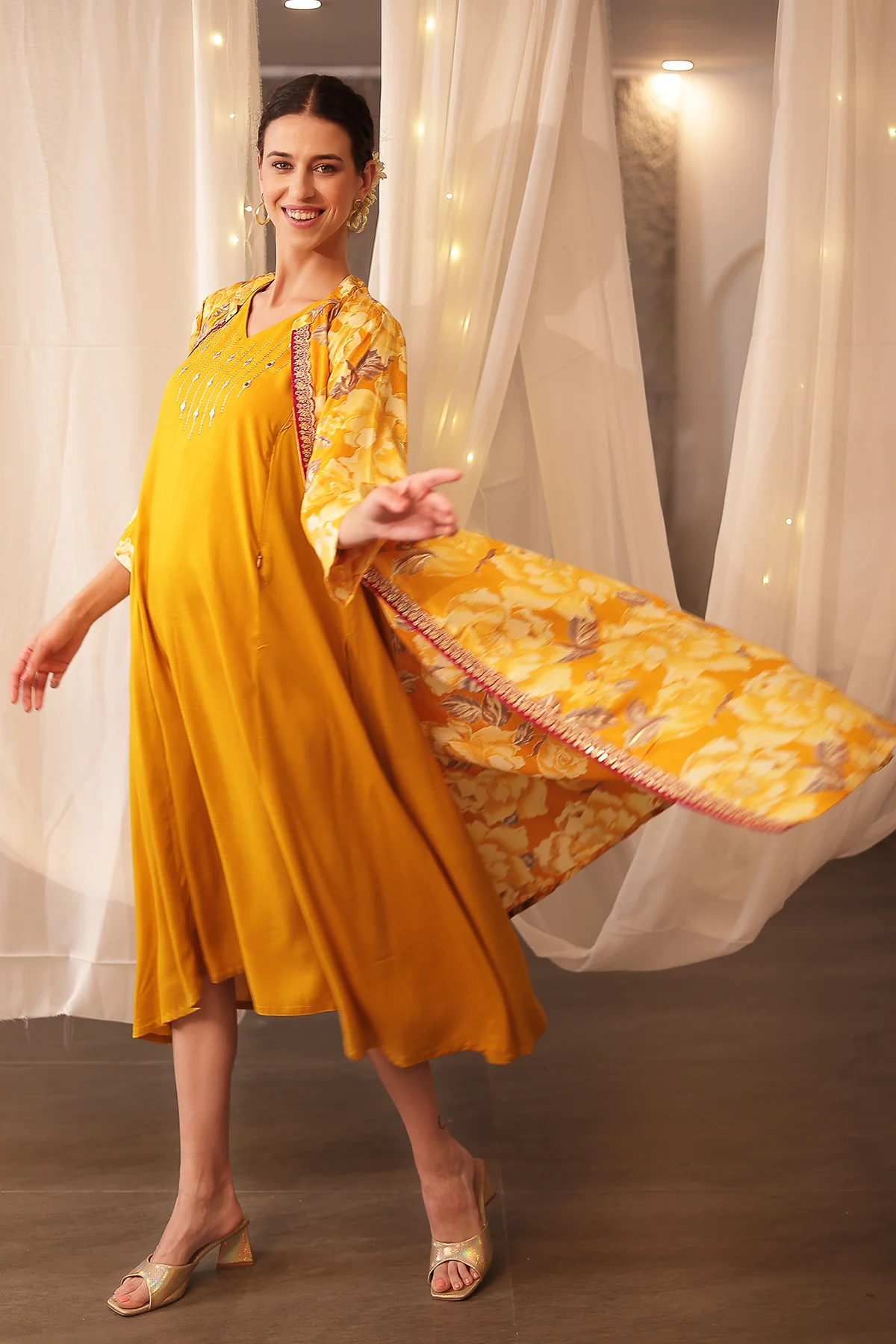 Laila – The Jewel-Tone Feeding Jacket Dress Set - Mustard Yellow - Image 6
