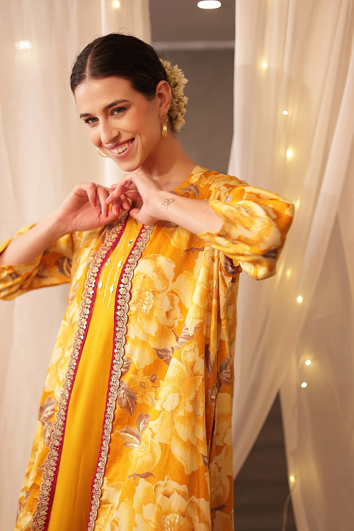 Laila – The Jewel-Tone Feeding Jacket Dress Set - Mustard Yellow - Image 7