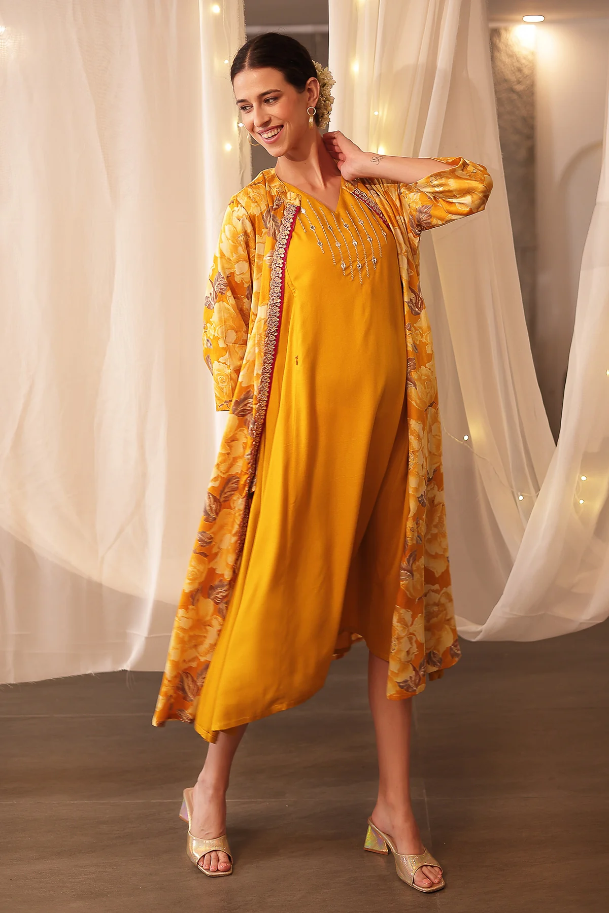 Laila – The Jewel-Tone Feeding Jacket Dress Set - Mustard Yellow - Image 8