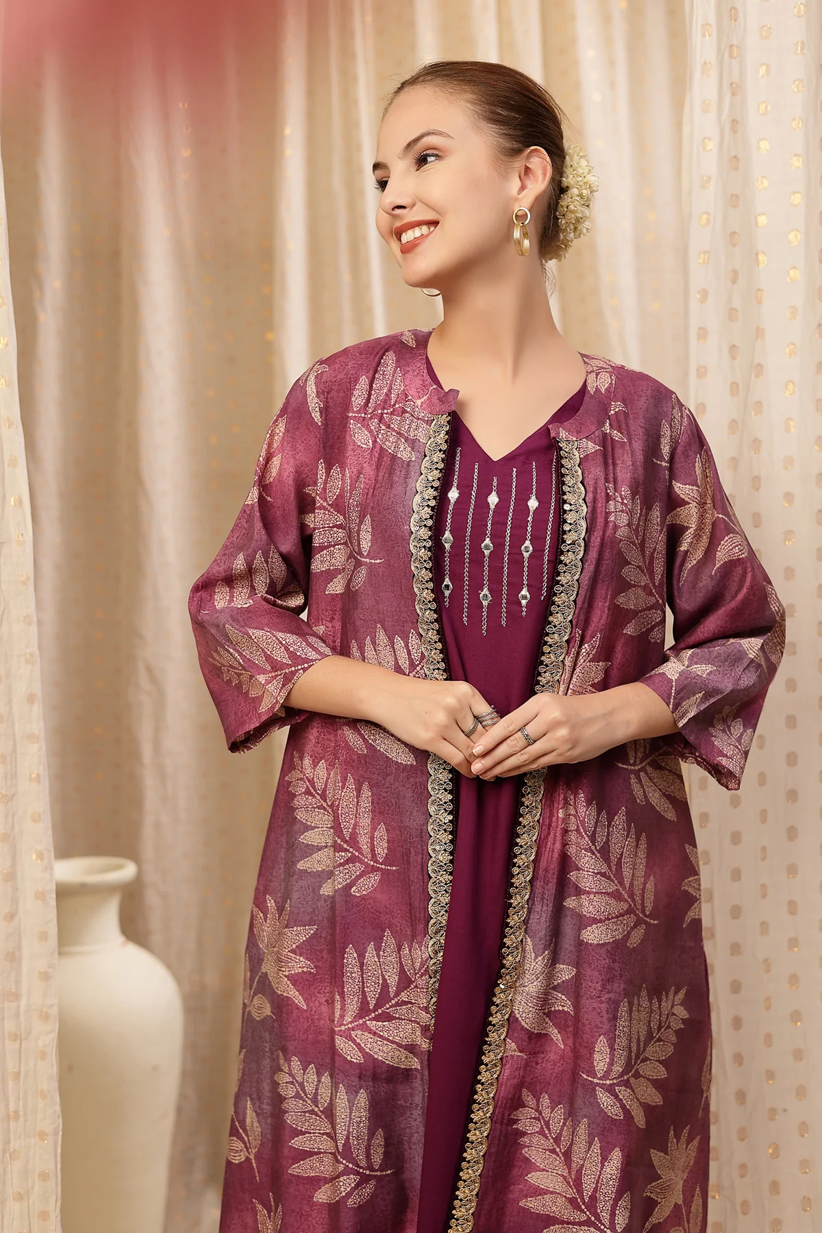 Laila – The Jewel-Tone Feeding Jacket Dress Set - Purple - Image 10