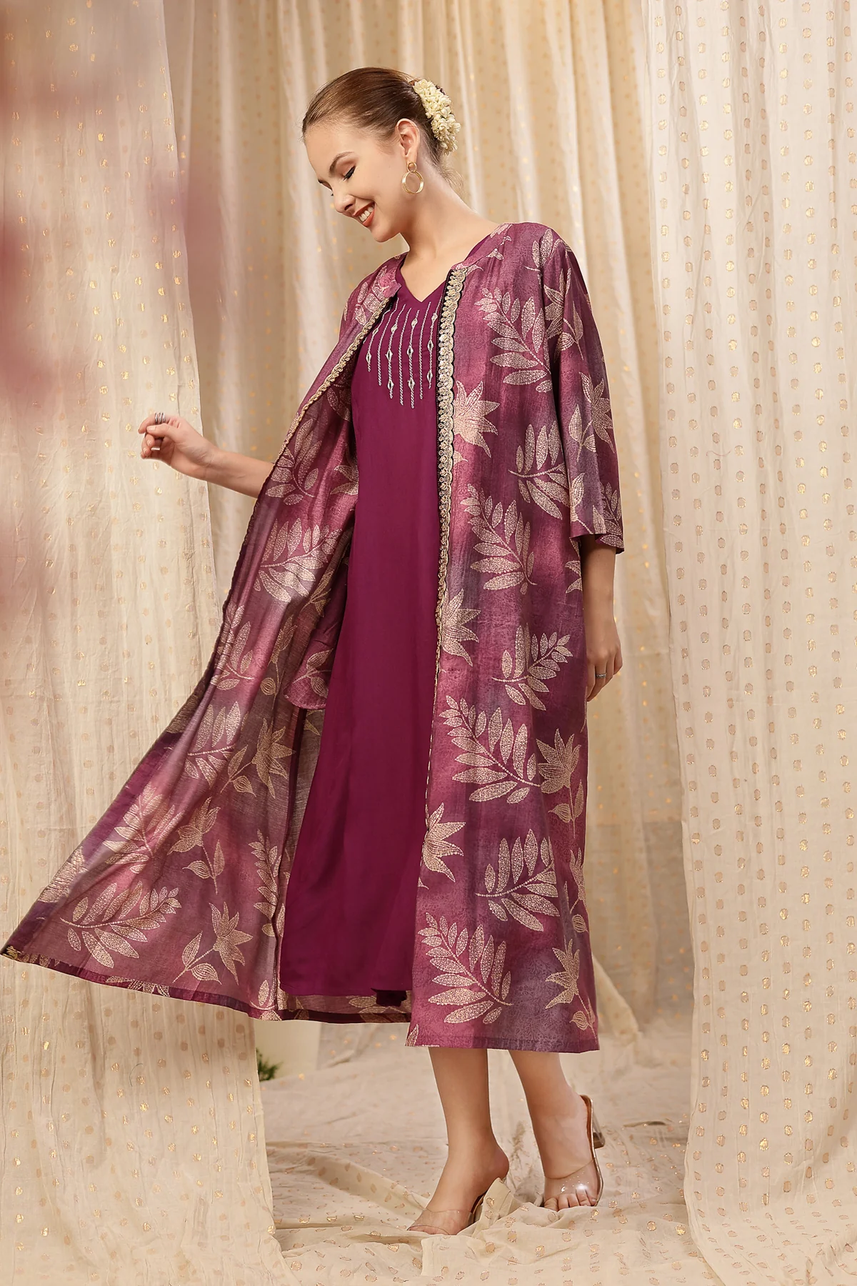 Laila – The Jewel-Tone Feeding Jacket Dress Set - Purple - Image 8