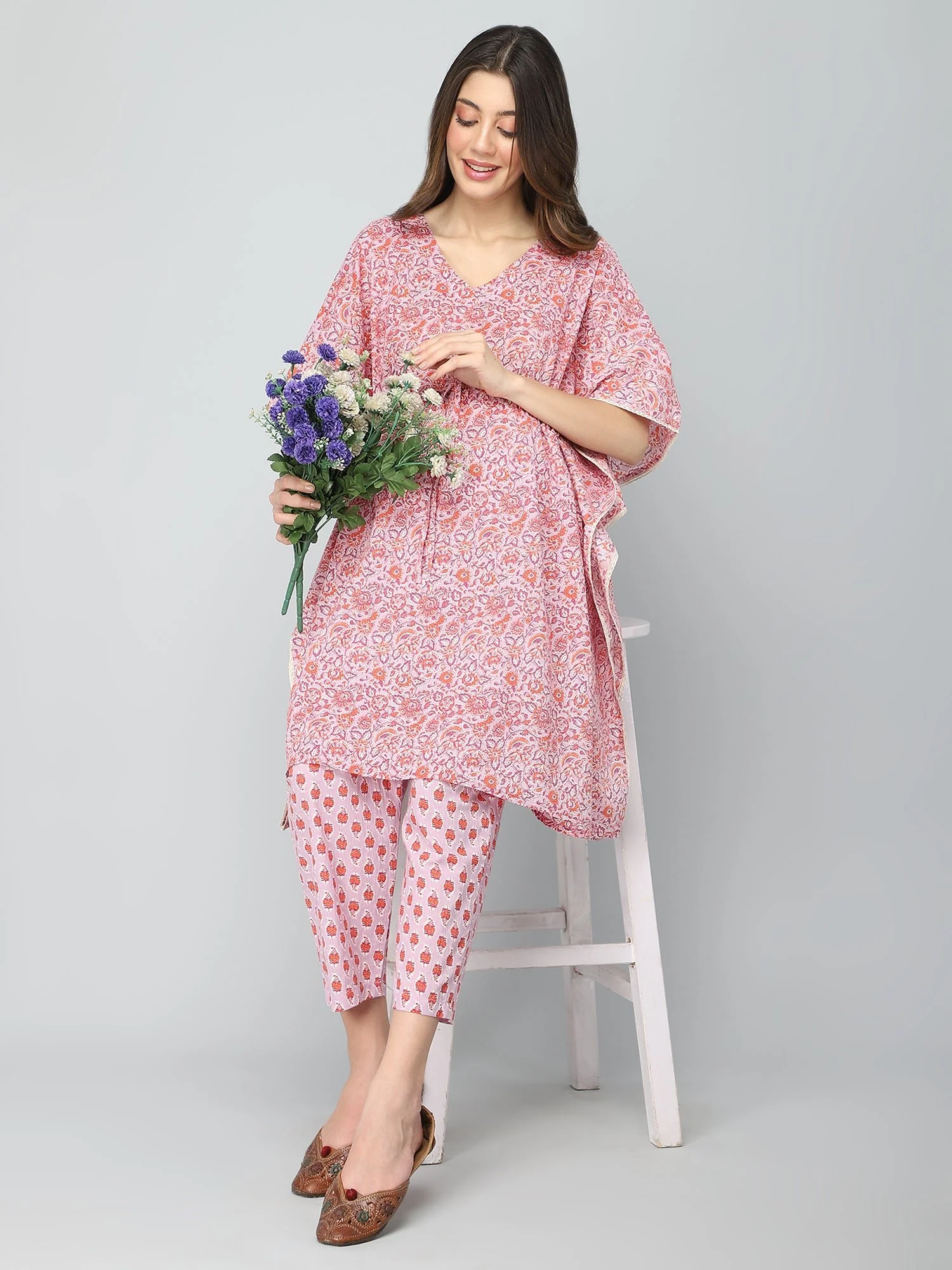 Lavender Floral Print Maternity Kaftan Set (Top & Bottom) - Image 6