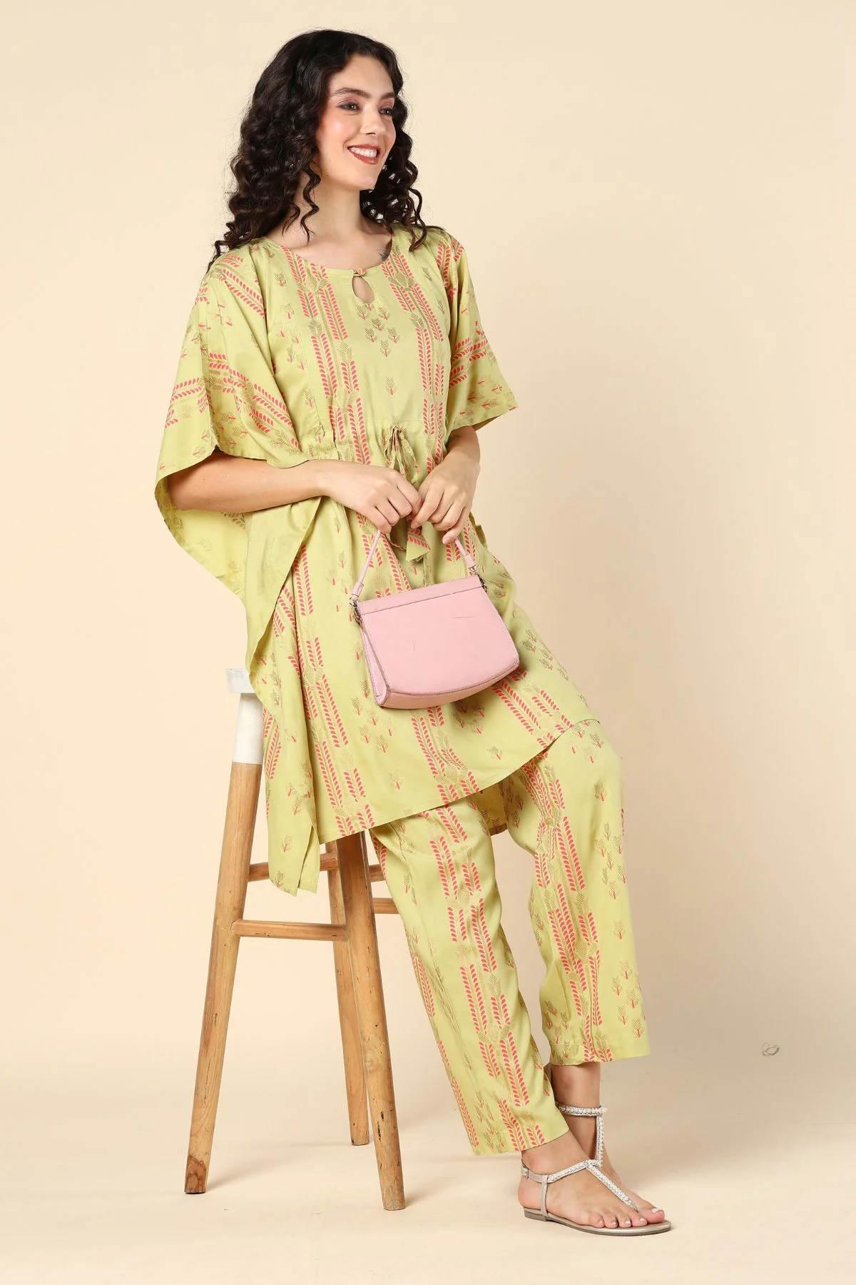 Light Green Pregnancy Maternity Kaftan Set (Top & Bottom) - Image 4