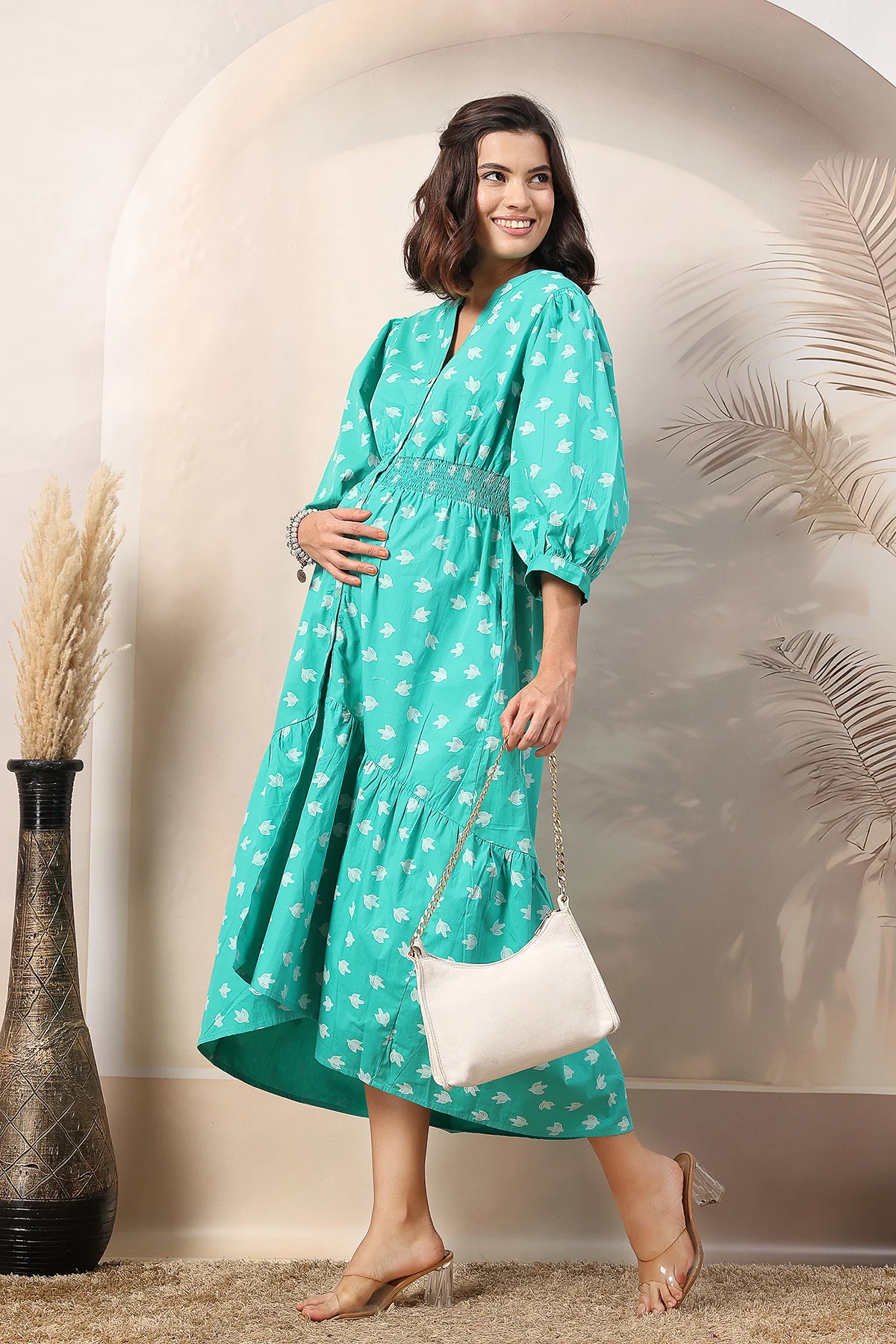 Light Green Zipless Maternity Dress with Tiers - Image 7