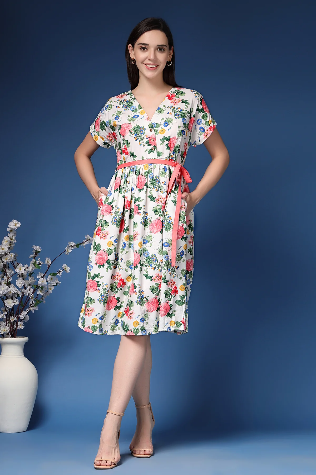 Marisa Belted Floral Cotton Poplin Zipless Feeding Shirt Dress - Image 4