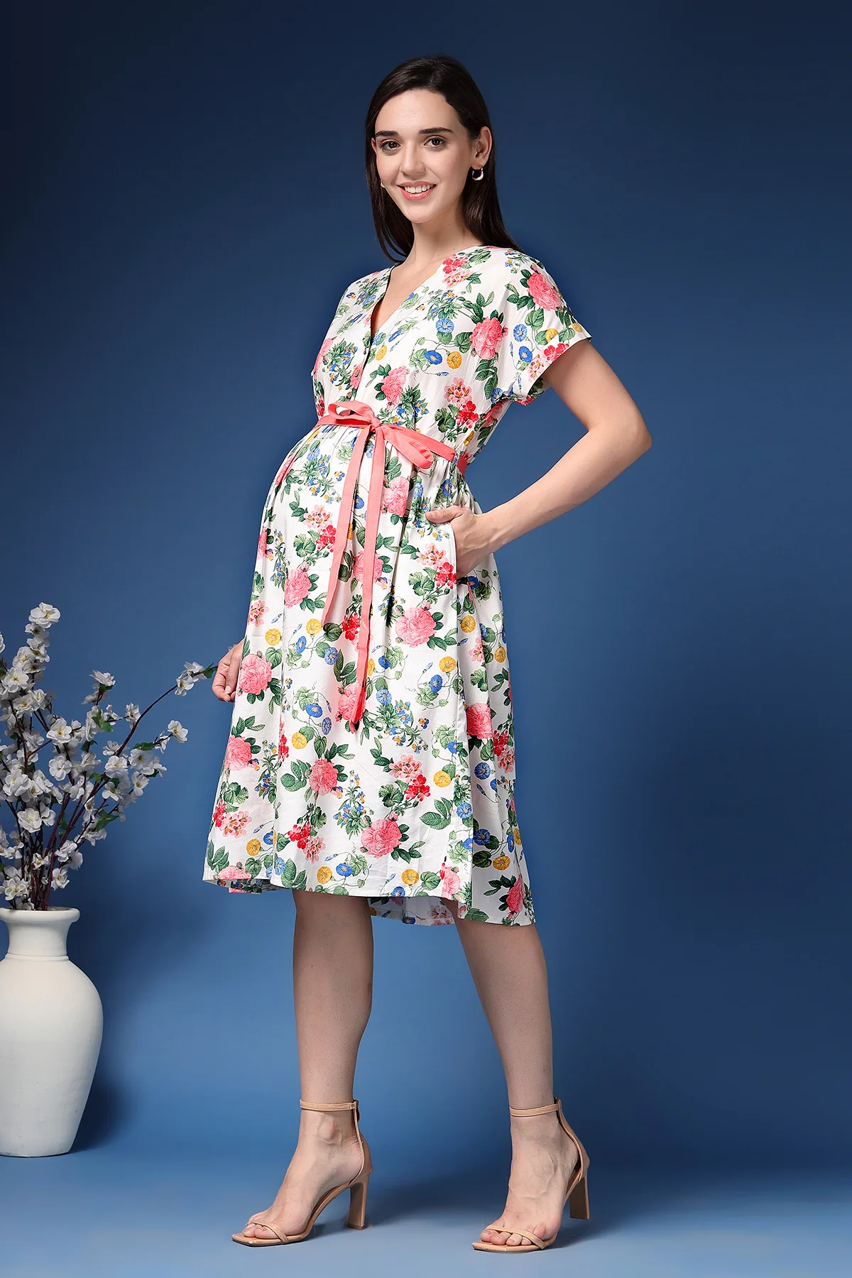 Marisa Belted Floral Cotton Poplin Zipless Feeding Shirt Dress - Image 9