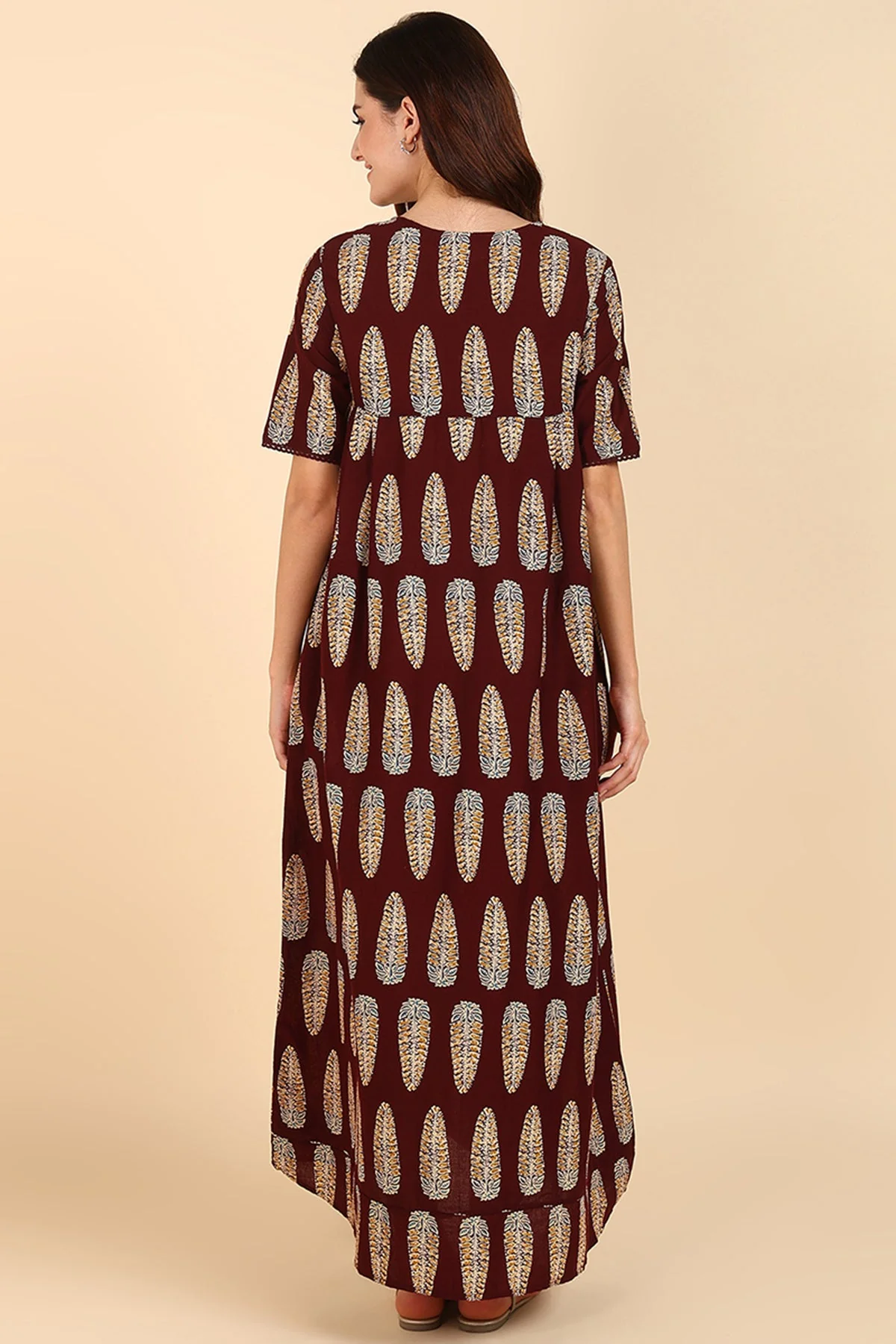Maroon Printed 100% Soft Cotton Zipless Maternity Maxi - Image 12