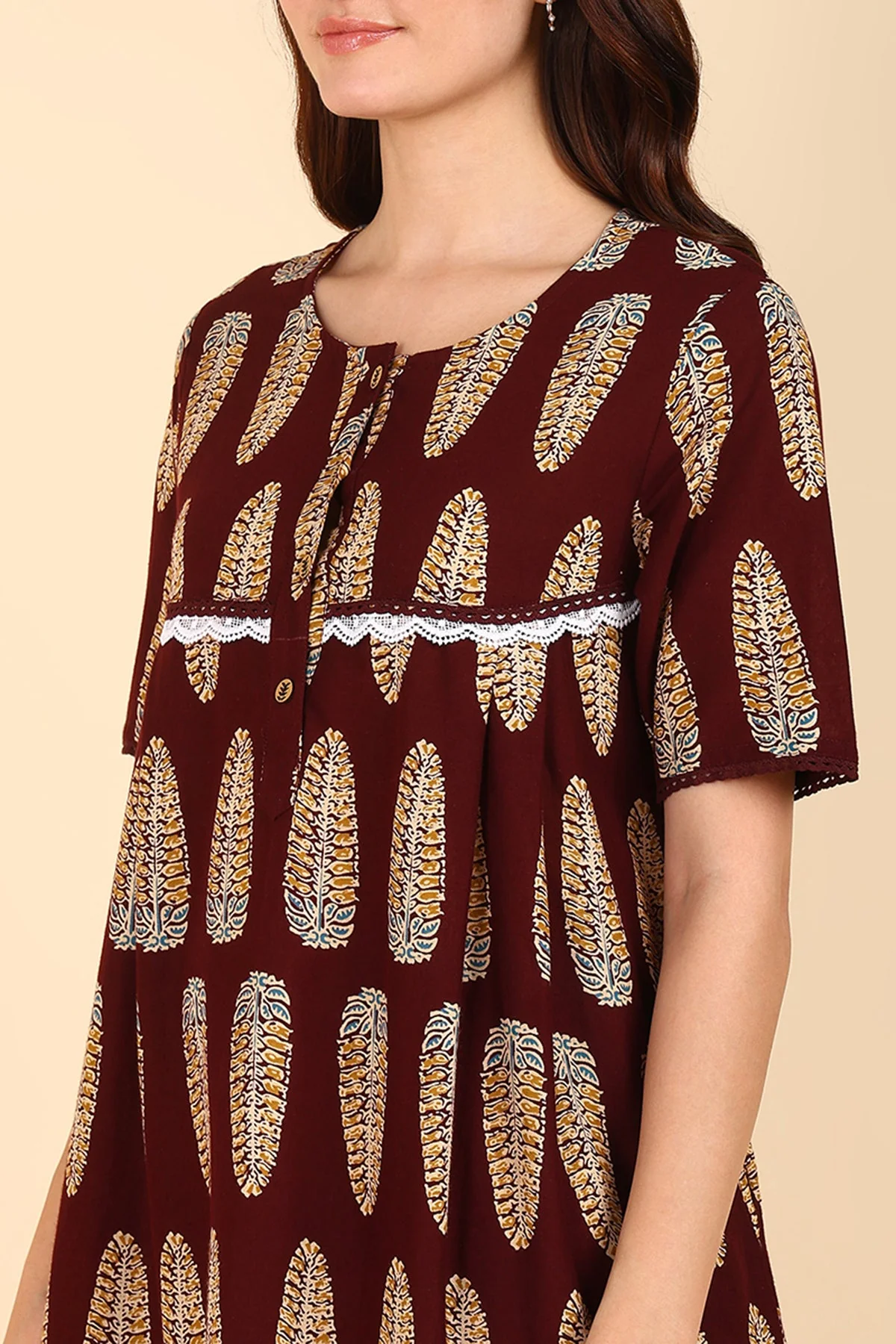 Maroon Printed 100% Soft Cotton Zipless Maternity Maxi - Image 13
