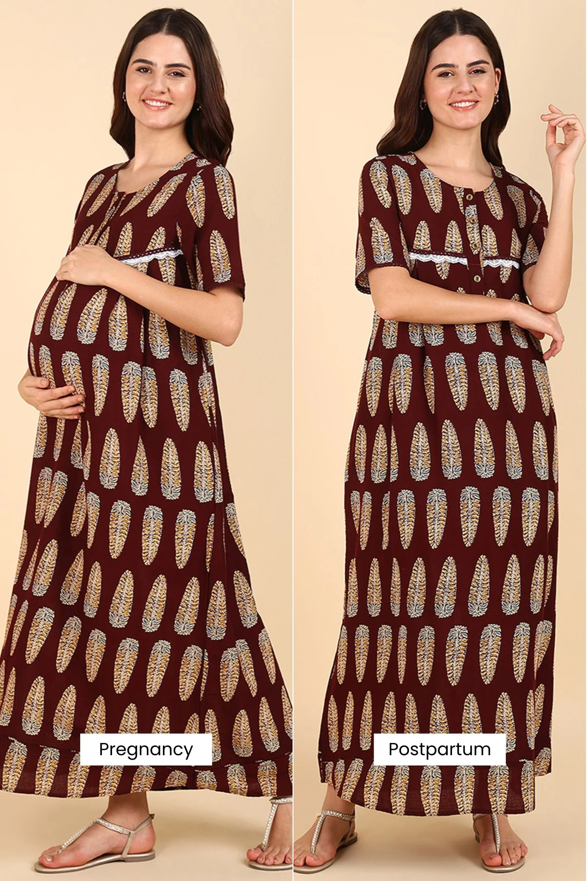 Maroon Printed 100% Soft Cotton Zipless Maternity Maxi - Image 3