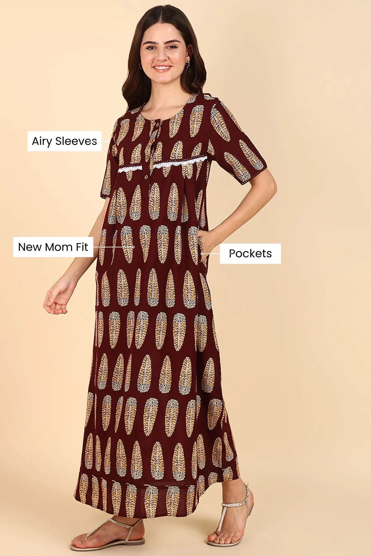 Maroon Printed 100% Soft Cotton Zipless Maternity Maxi - Image 4