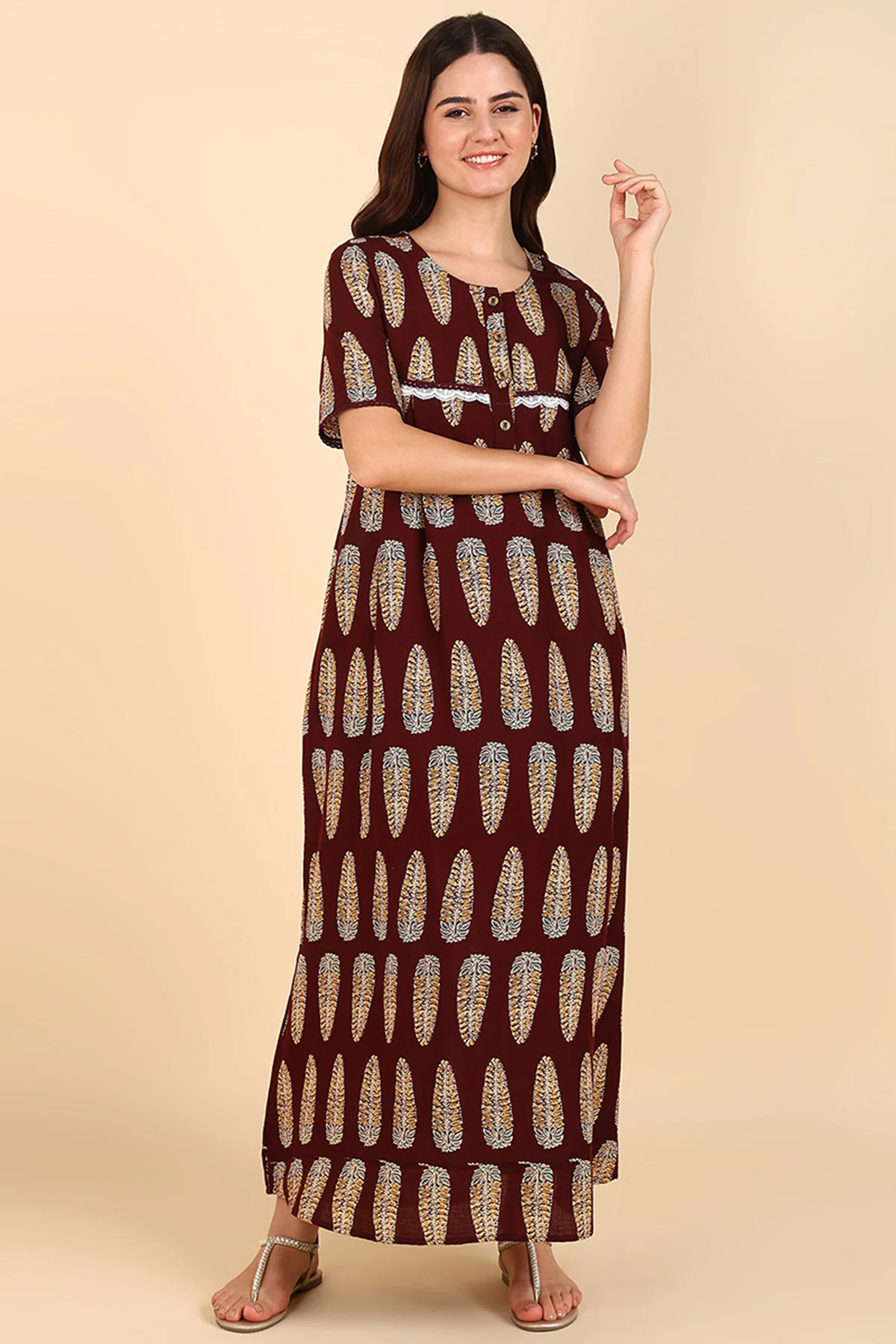 Maroon Printed 100% Soft Cotton Zipless Maternity Maxi - Image 5