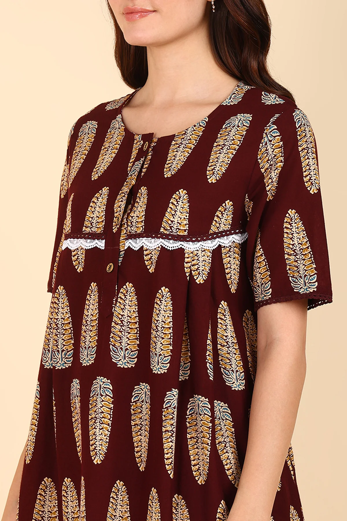 Maroon Printed 100% Soft Cotton Zipless Maternity Maxi - Image 8