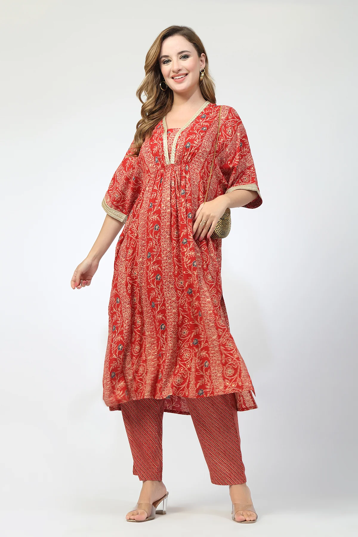 Maternity All Over Printed Zipless Feeding Kurta Set - Red - Image 11
