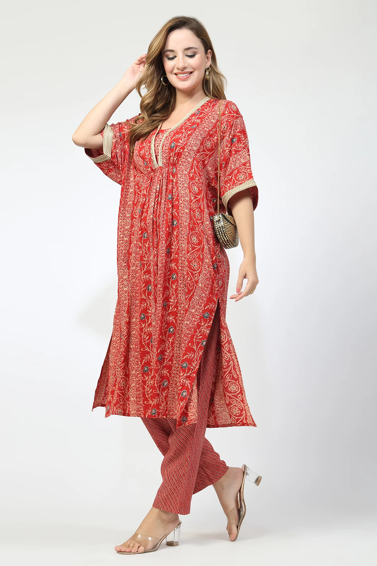 Maternity All Over Printed Zipless Feeding Kurta Set - Red - Image 12