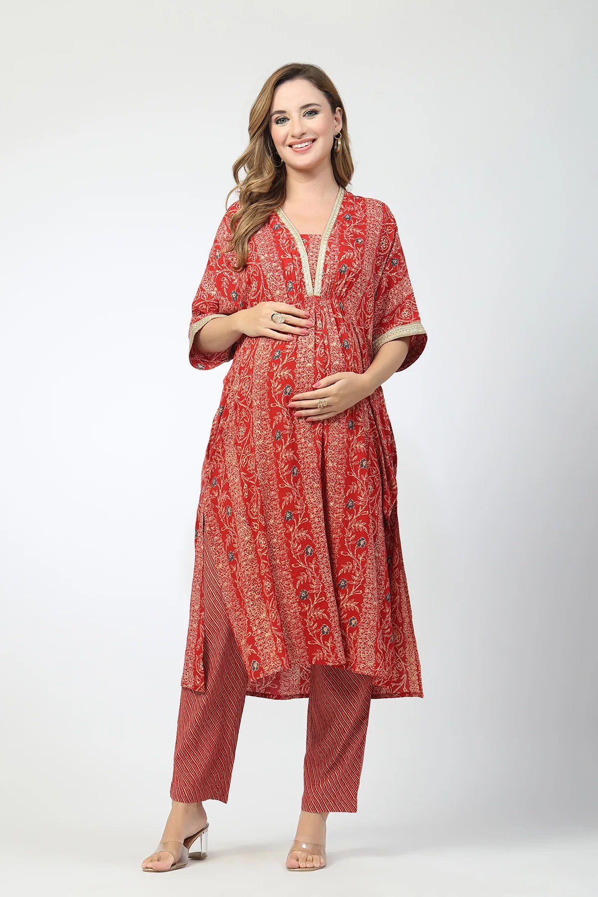 Maternity All Over Printed Zipless Feeding Kurta Set - Red - Image 4