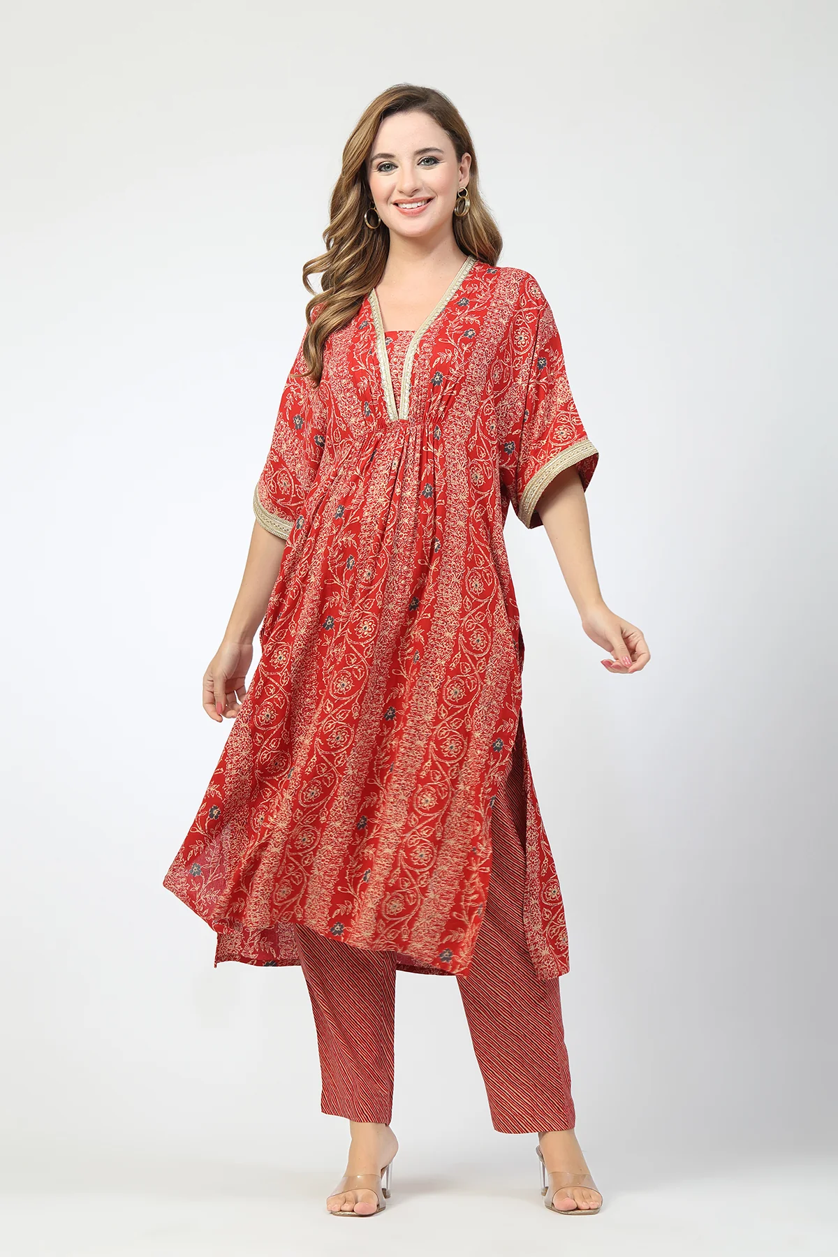 Maternity All Over Printed Zipless Feeding Kurta Set - Red - Image 6