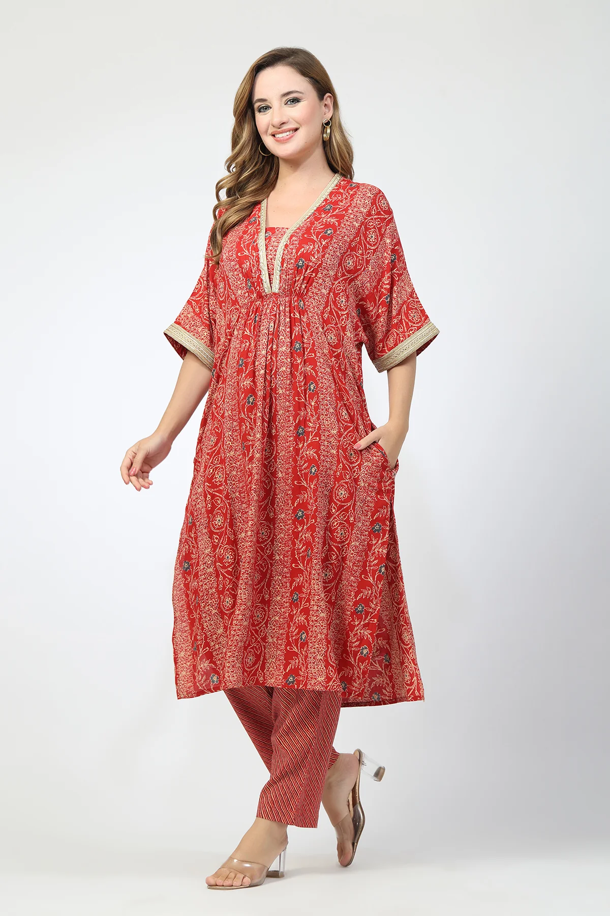 Maternity All Over Printed Zipless Feeding Kurta Set - Red - Image 7