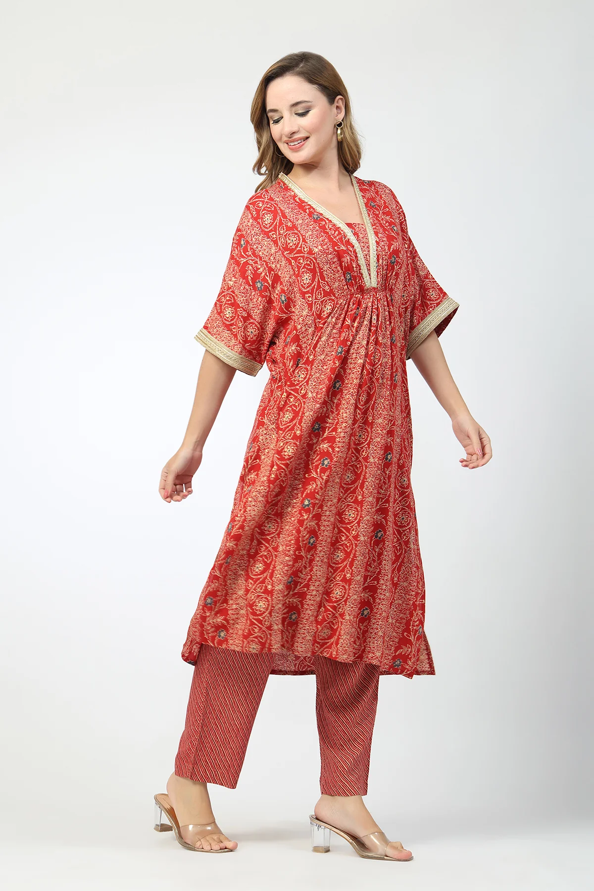 Maternity All Over Printed Zipless Feeding Kurta Set - Red - Image 8