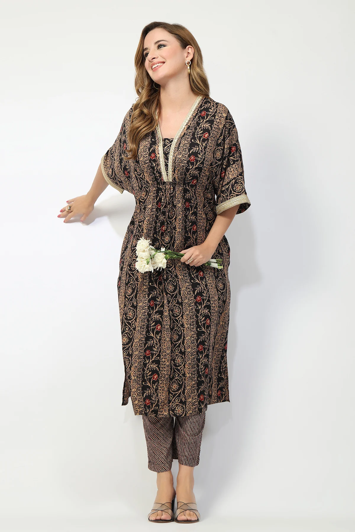 Maternity All Over Printed Zipless Feeding Kurta Set - Black - Image 10