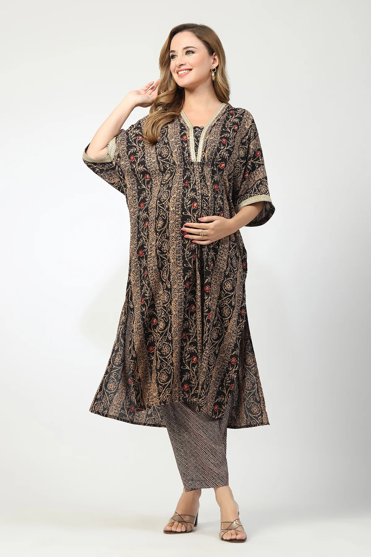 Maternity All Over Printed Zipless Feeding Kurta Set - Black - Image 14