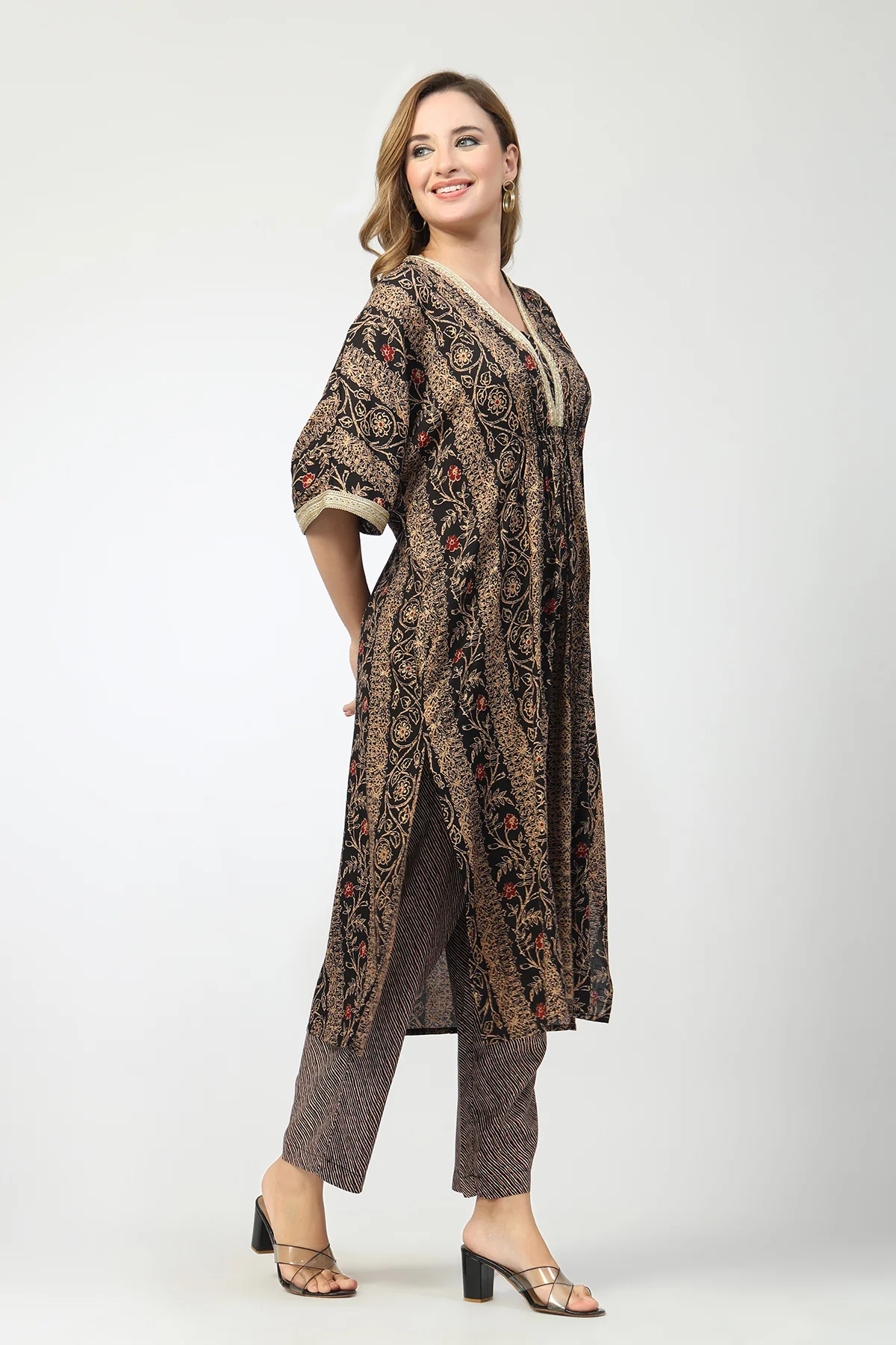 Maternity All Over Printed Zipless Feeding Kurta Set - Black - Image 15