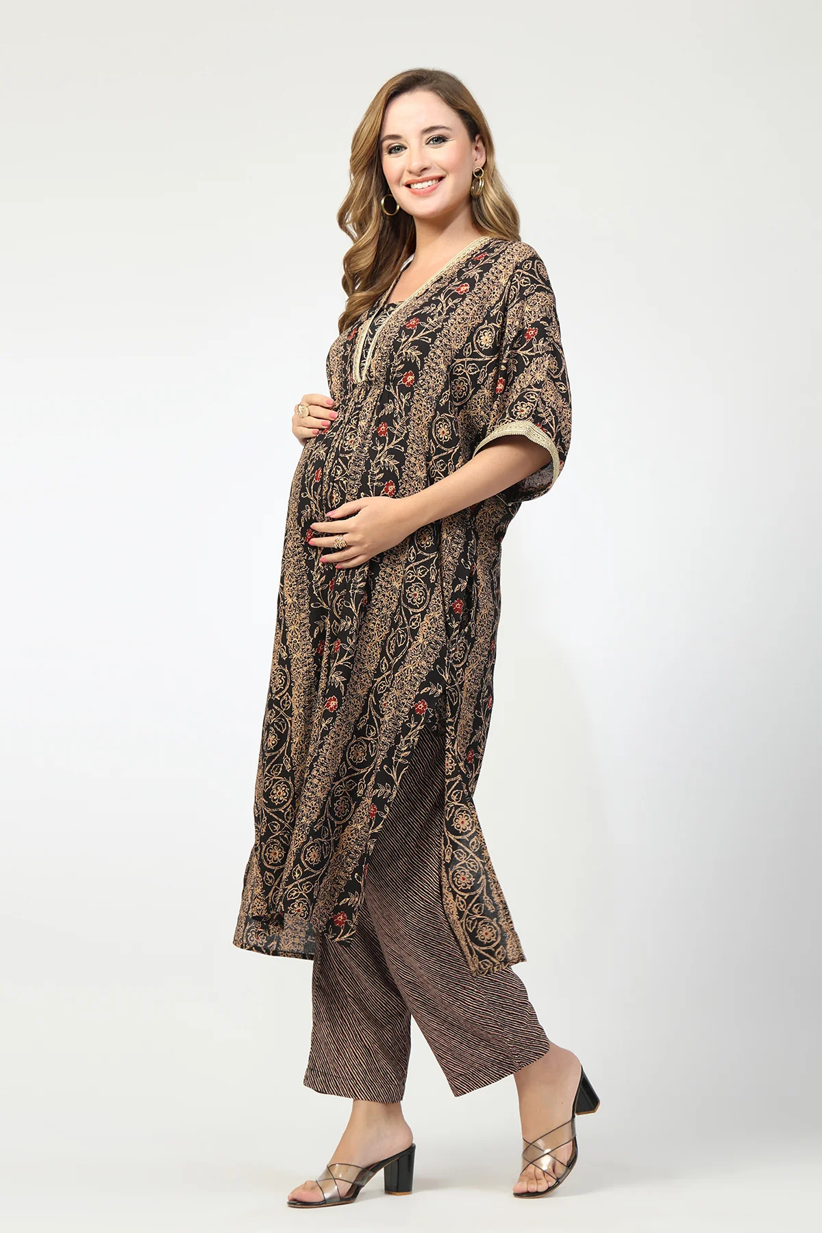 Maternity All Over Printed Zipless Feeding Kurta Set - Black - Image 4