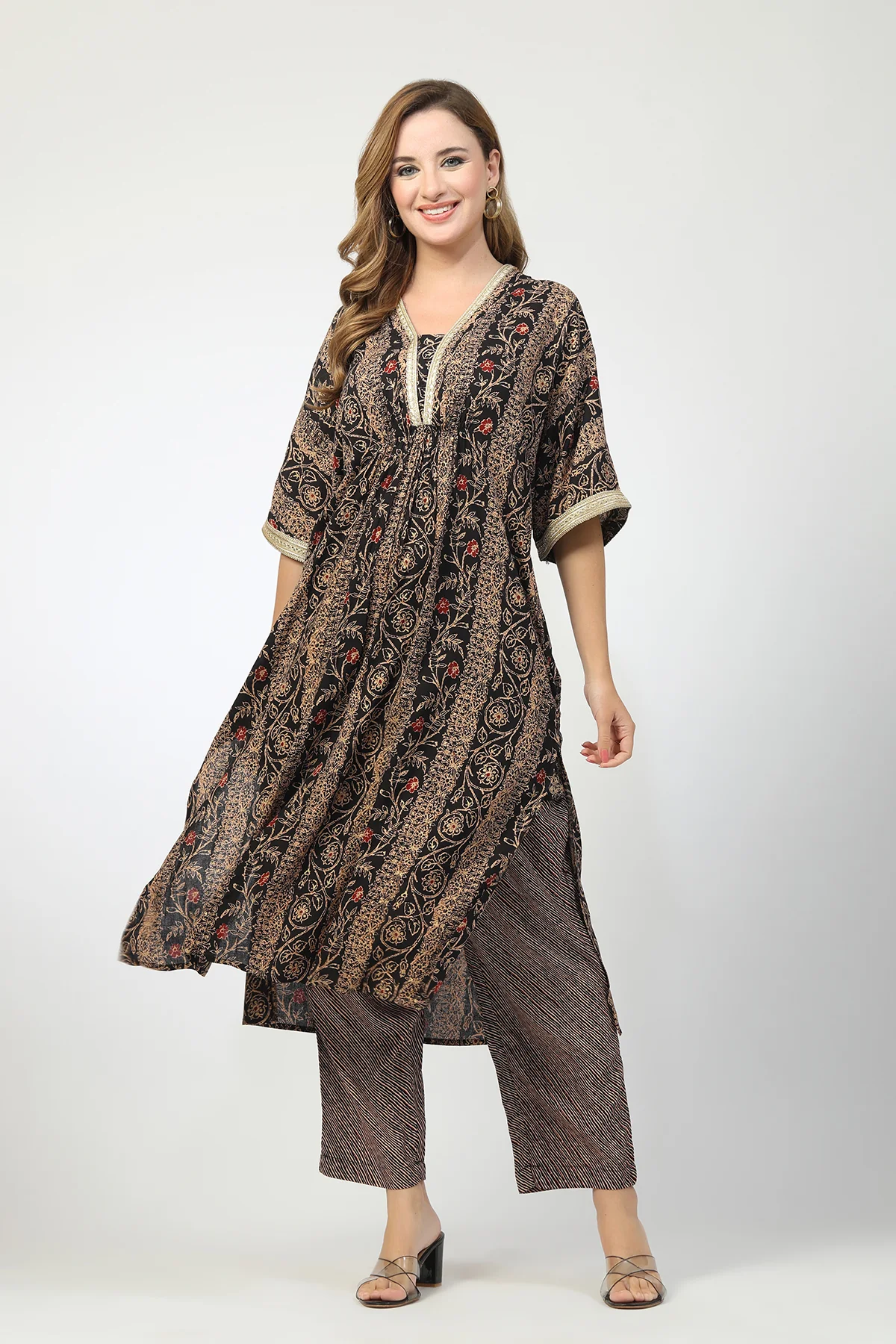 Maternity All Over Printed Zipless Feeding Kurta Set - Black - Image 5