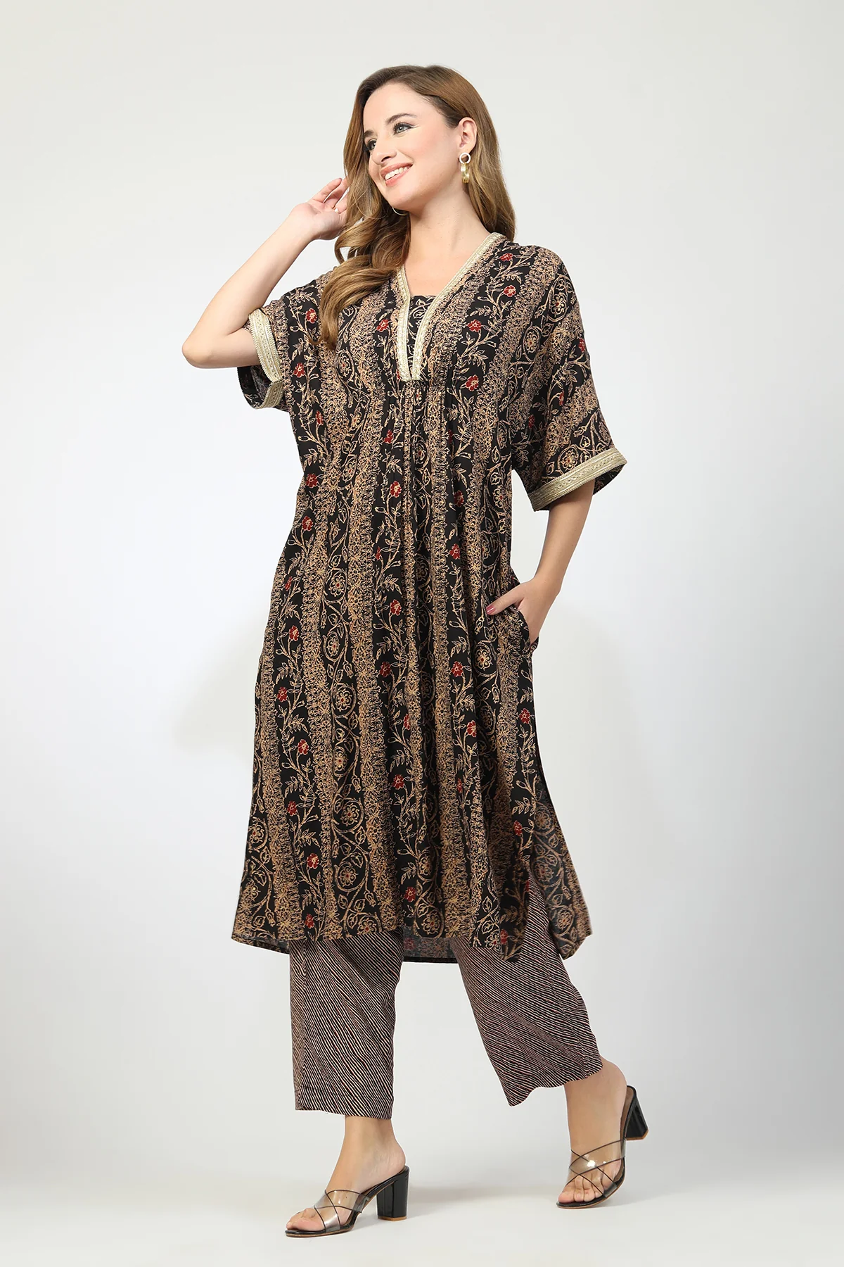 Maternity All Over Printed Zipless Feeding Kurta Set - Black - Image 6