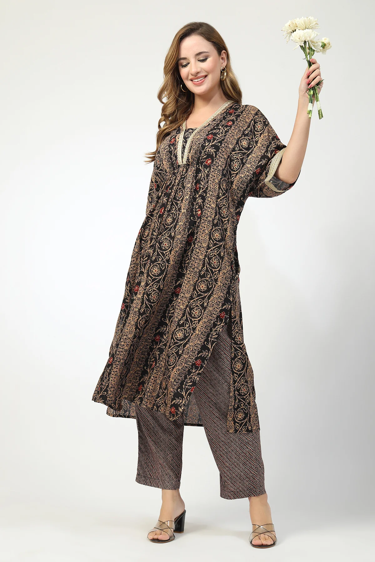 Maternity All Over Printed Zipless Feeding Kurta Set - Black - Image 9