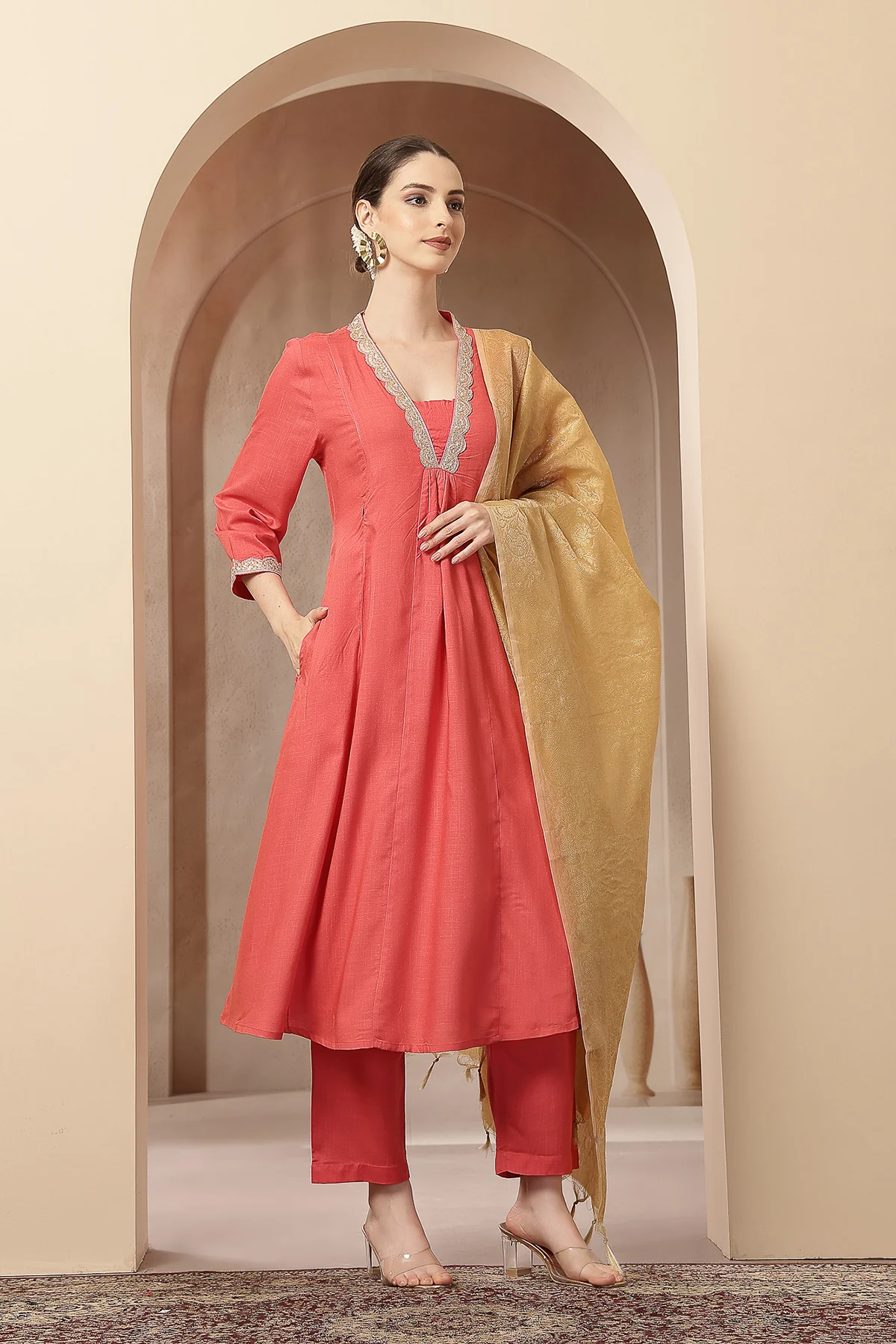 Maternity Concealed Zip Feeding Kurta Set with Dupatta - Coral Pink - Image 10